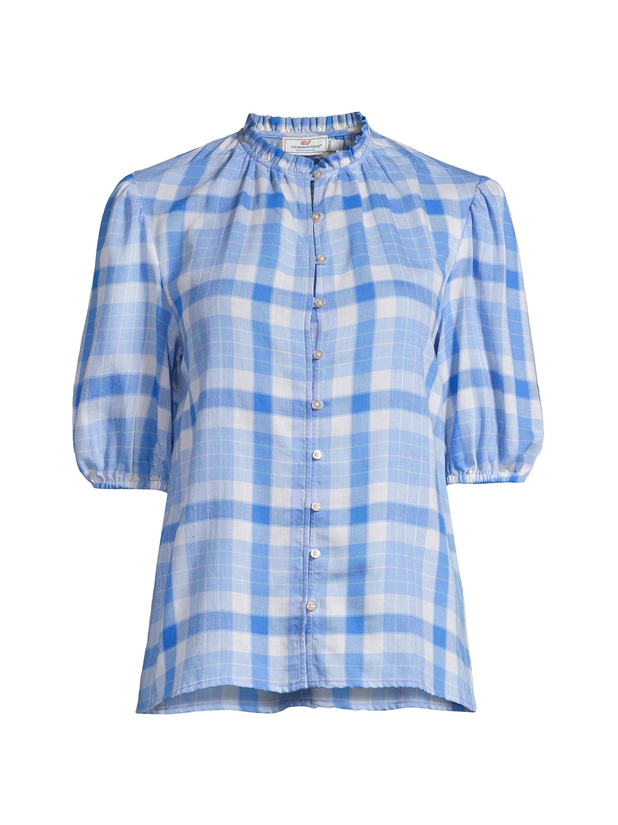 Vineyard Vines Women's Plaid Cotton-Blend Ruffle Neck Top - Blue Plaid