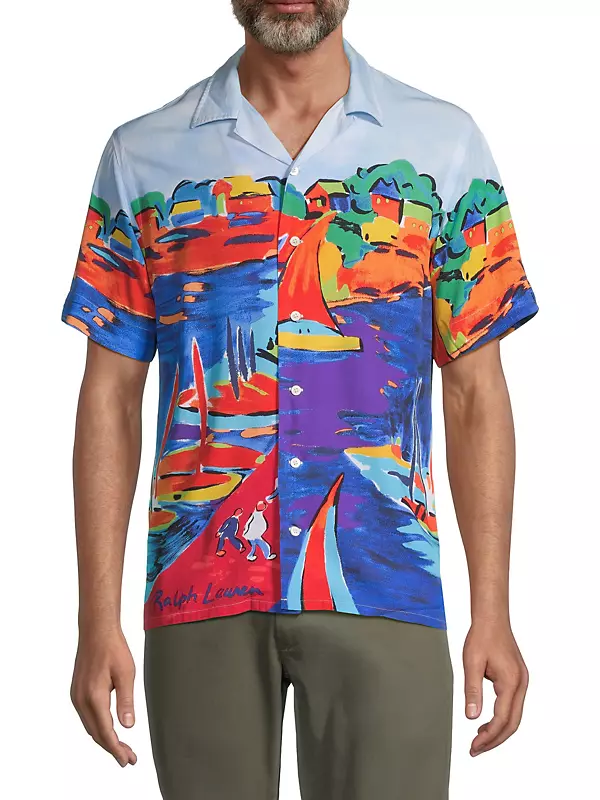 Polo Ralph Lauren Classic Fit Watercolor Print Short Sleeve Button-Up Shirt in 6241 Vista Sail