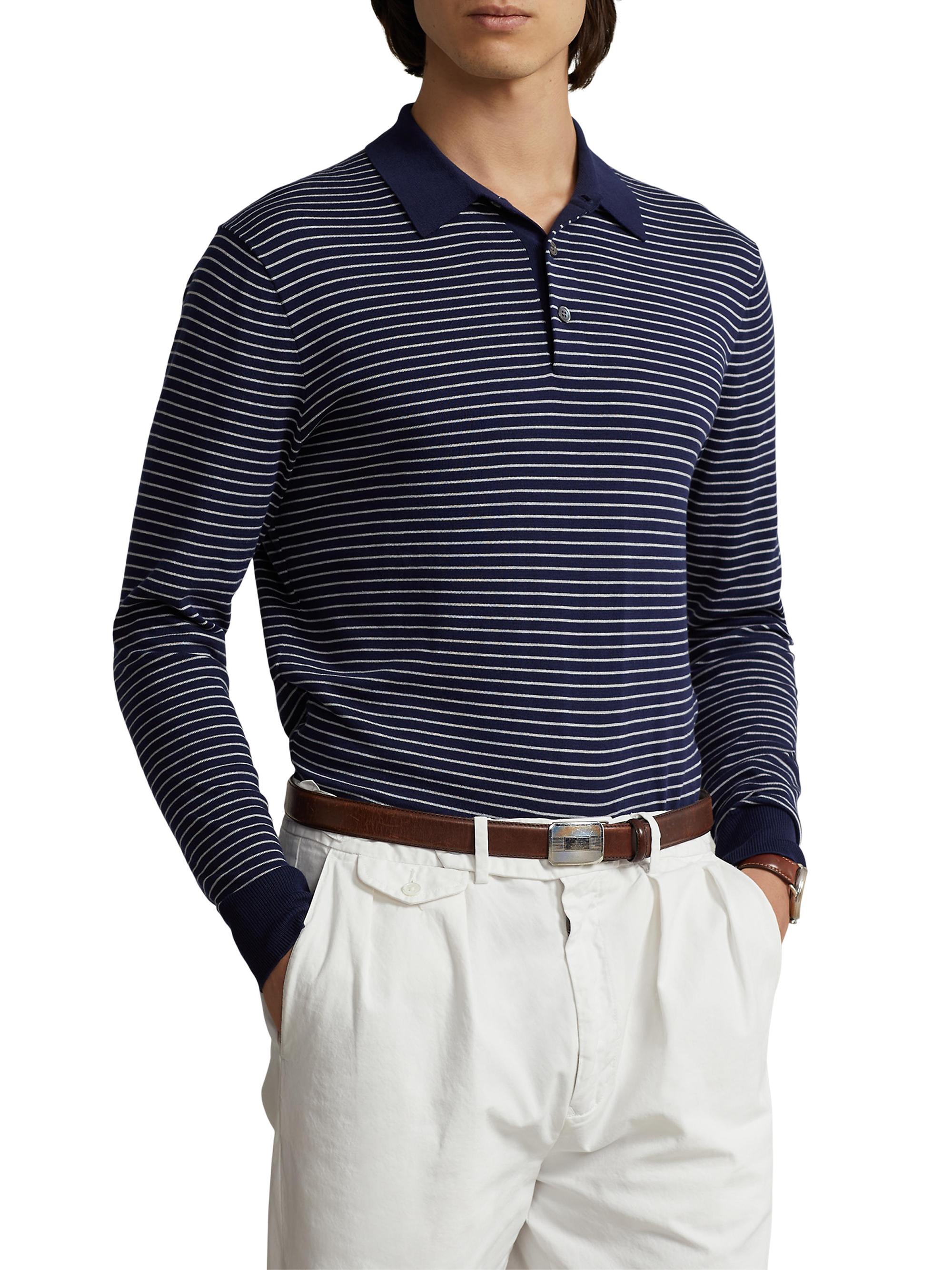Polo Ralph Lauren Men's Stripe Knit Long-Sleeve Polo Shirt - Navy