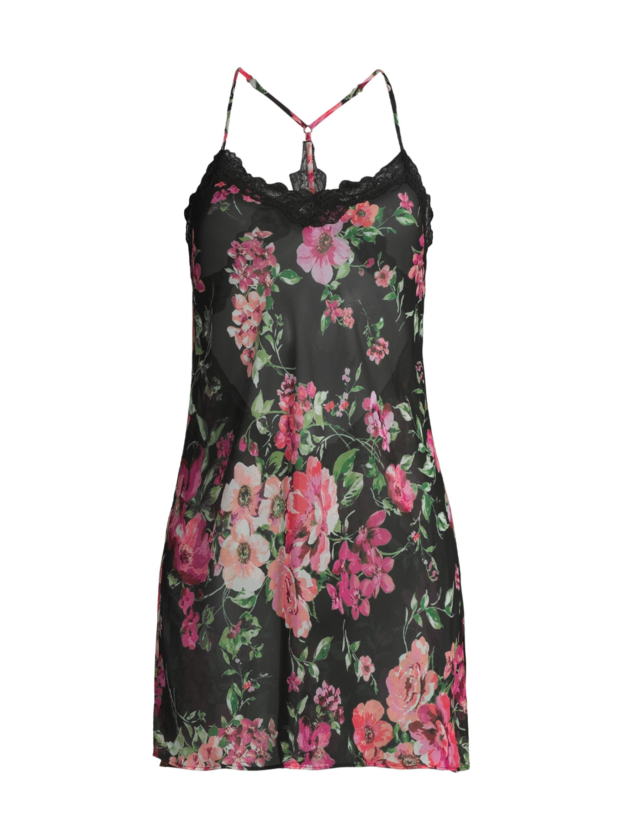 In Bloom Women's Floral Satin Chemise - Black