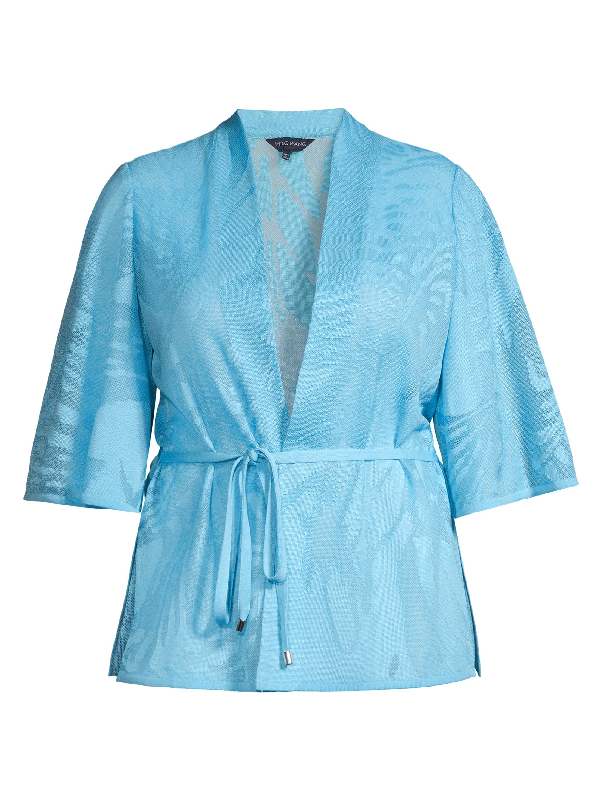 Ming Wang Women's Belted Knit Jacquard Sweater - Dew Blue