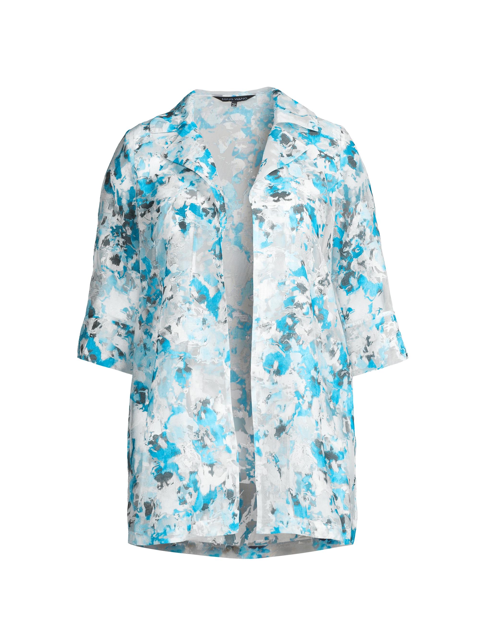 Ming Wang Women's Printed Open-Front Blouse - Dew Blue Multi