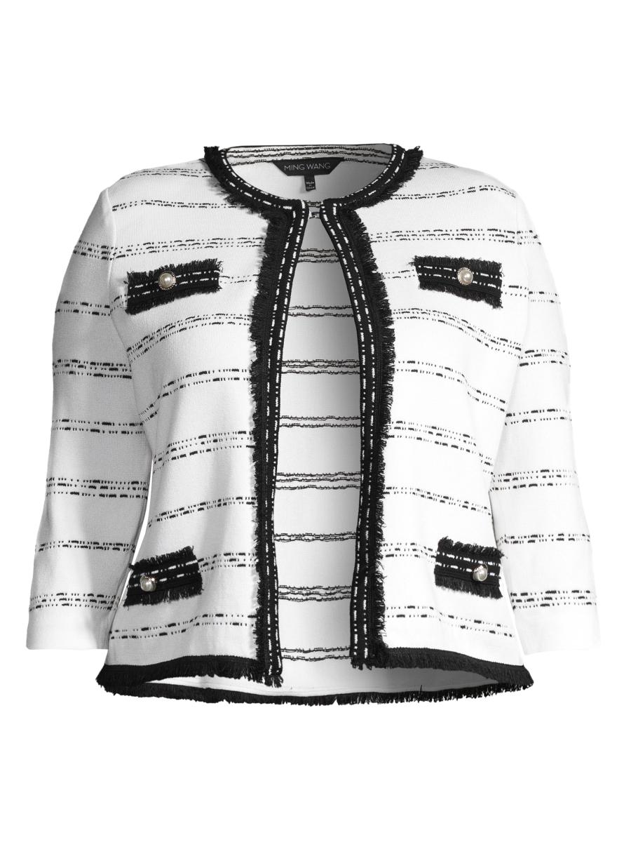 Ming Wang Fringe-Trimmed Striped Knit Jacket | Saks Fifth Avenue