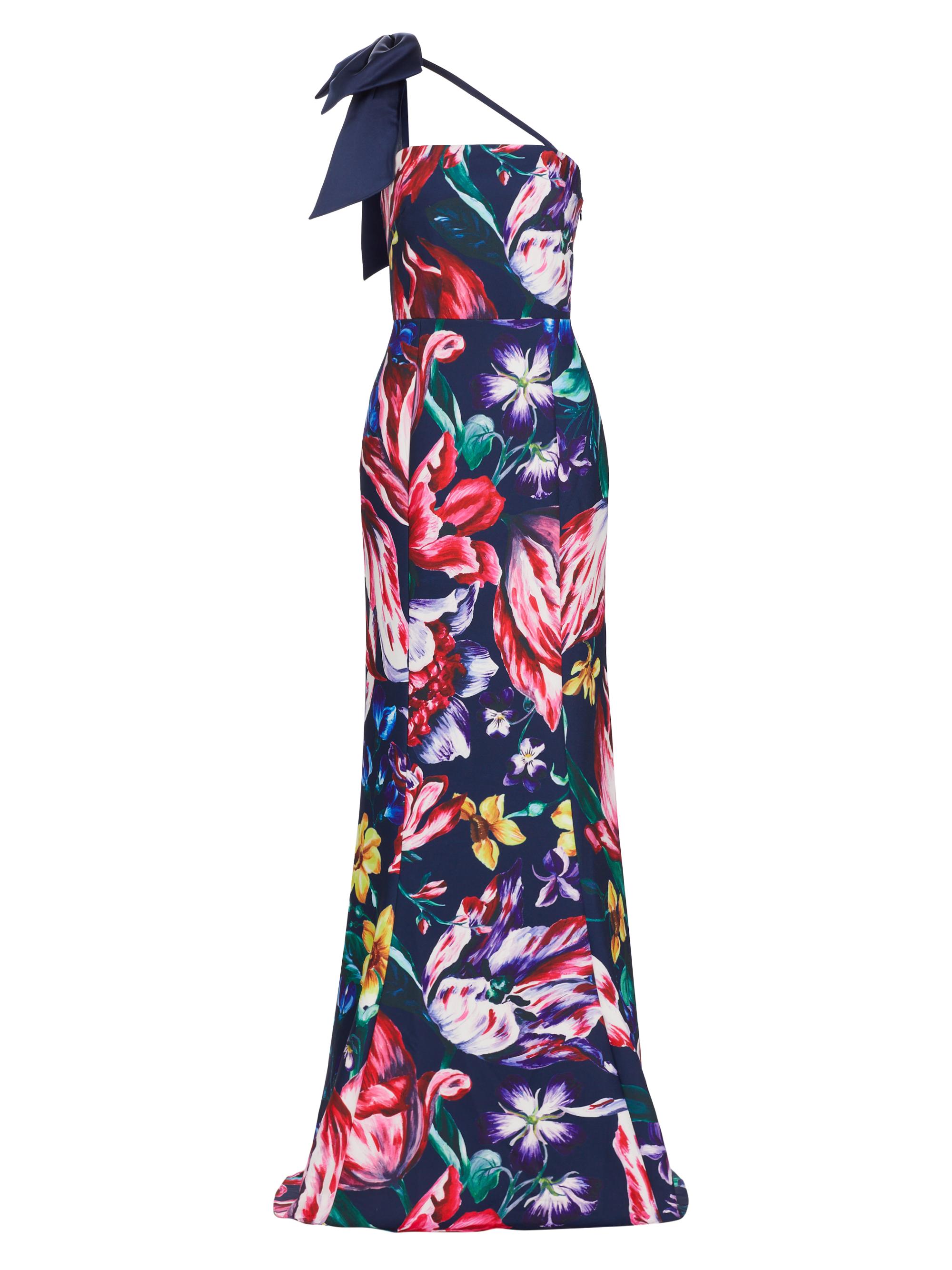 Marchesa Notte Women's Asymmetric Floral Mikado Satin Gown - Navy Multi