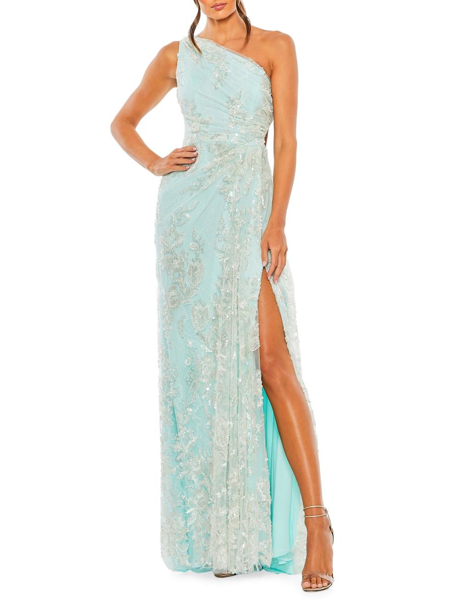 （US発） Mac Duggal アシンメトリックフリルサテンドレス mac-duggal-20389-feather-