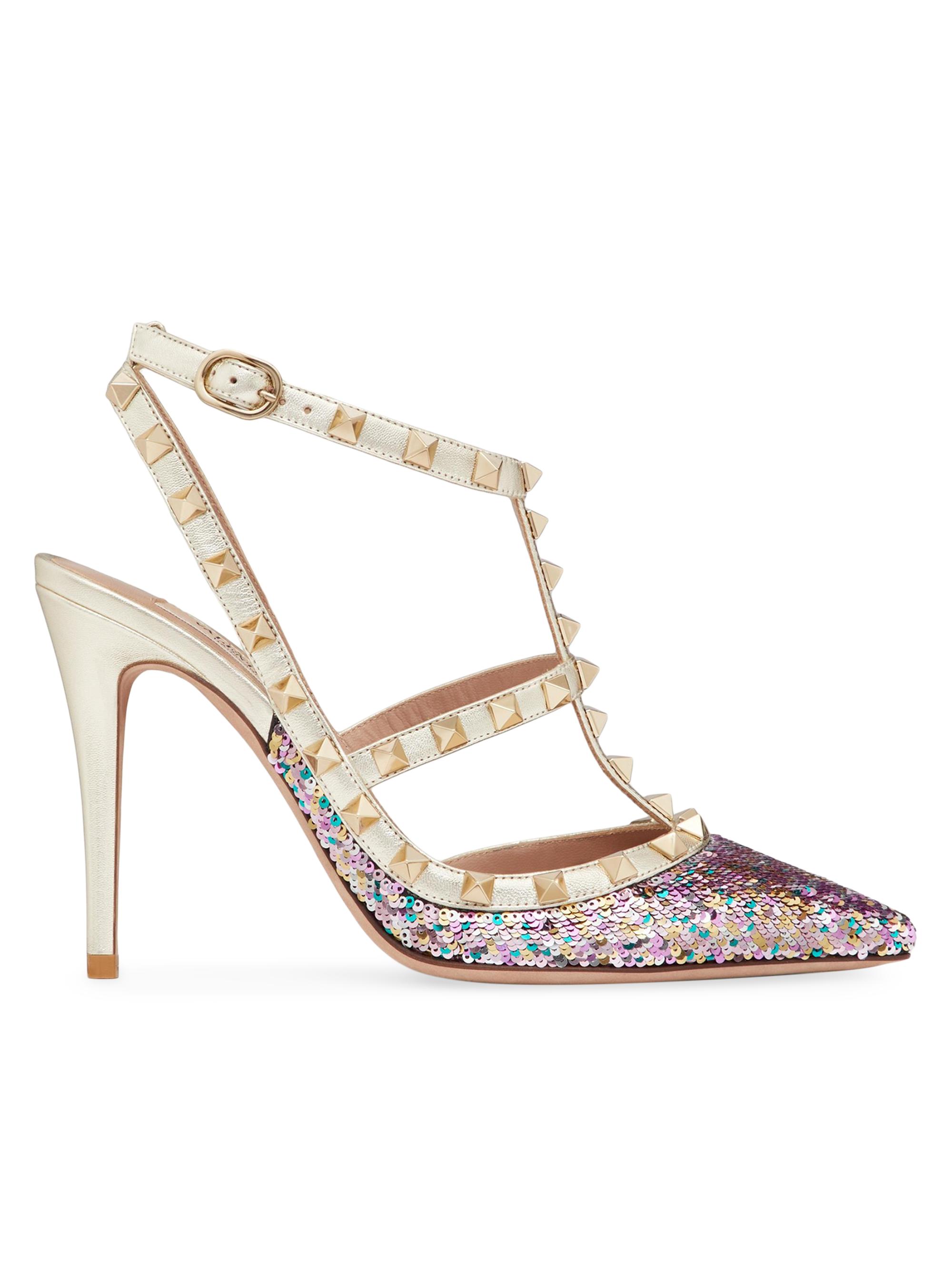 Valentino Garavani Women's Rockstud Pumps With Sequin Embroidery And Straps 100MM - Multicolor Platinum