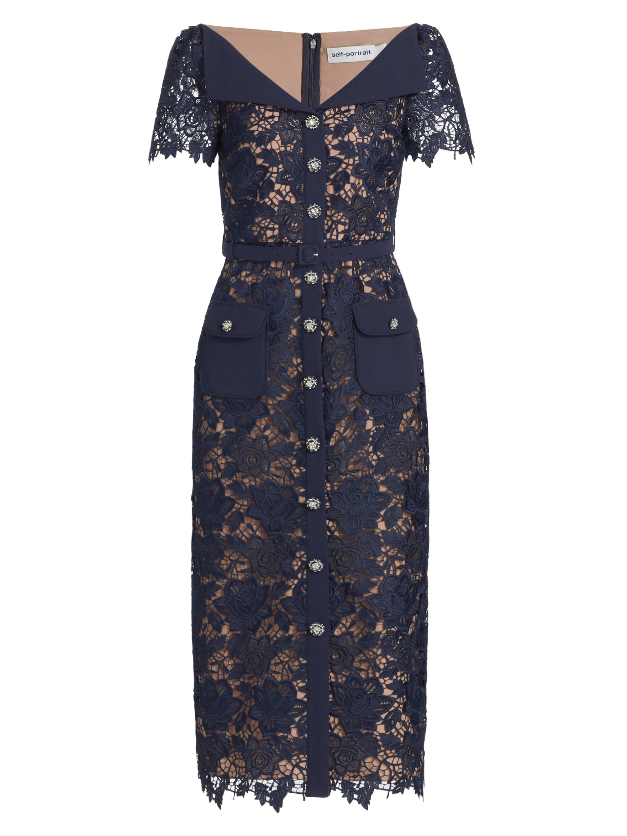 Self-Portrait Women's Short-Sleeve Lace Midi-Dress - Navy