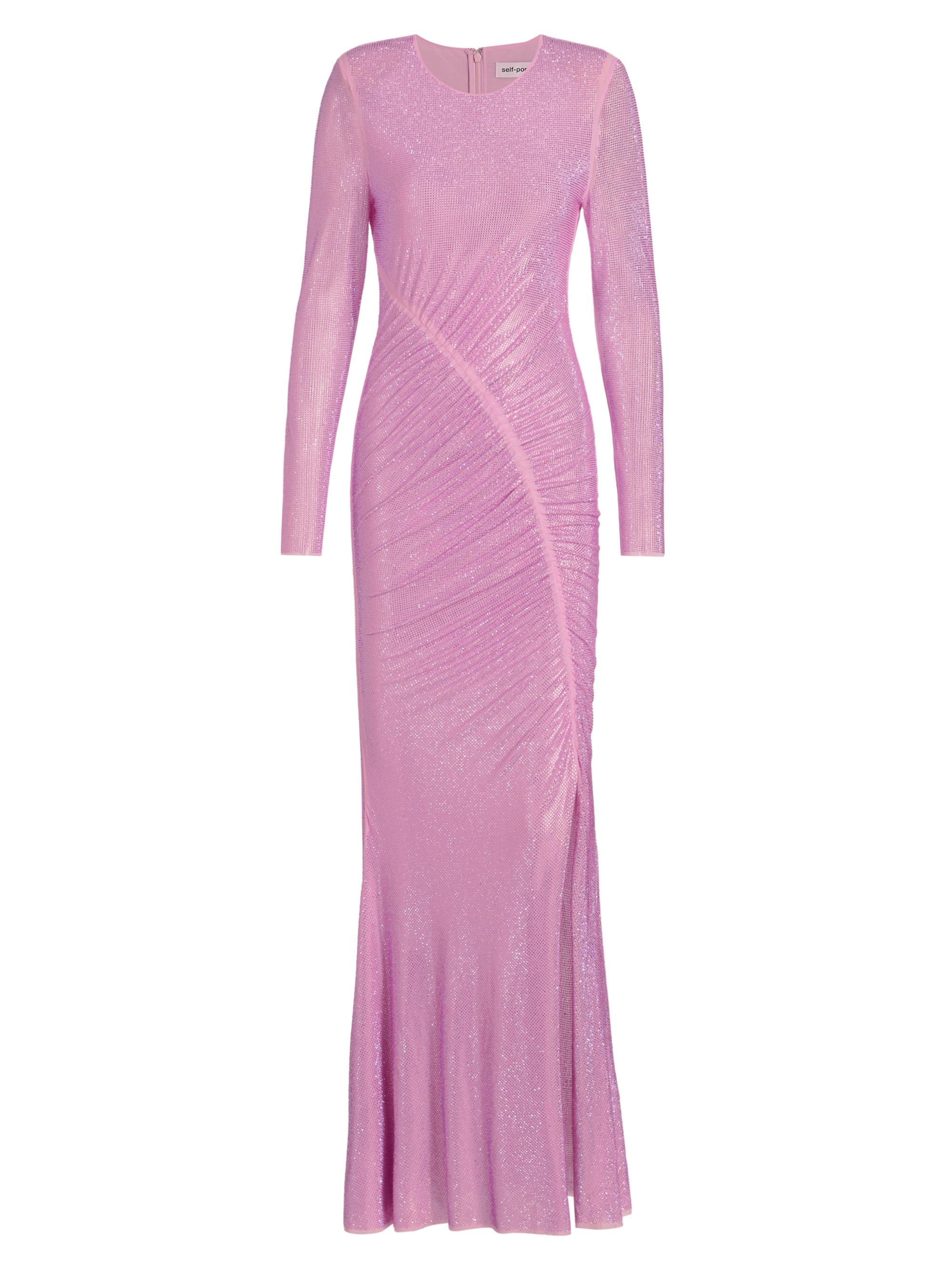 Self-Portrait Women's Ruched Rhinestone Mesh Gown - Pink