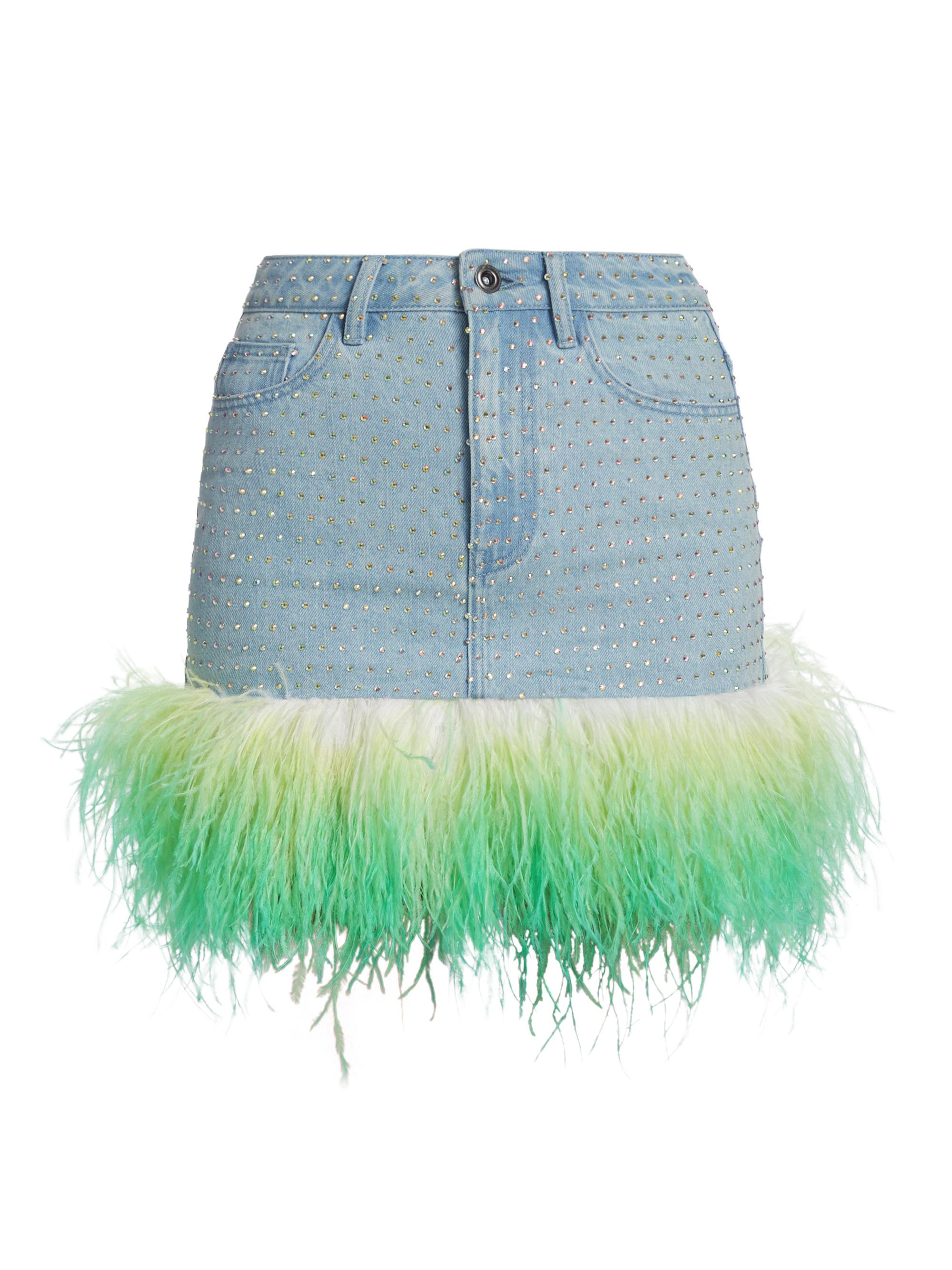 Self-Portrait Women's Rhinestone & Feather Denim Miniskirt - Blue