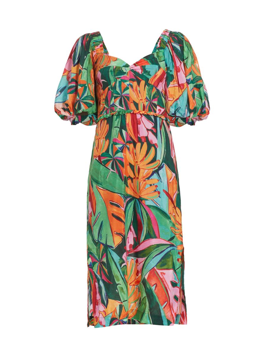 chinese dress ladies Multicolor Banana Foliage Puff Sleeve Midi Dress – FARM Rio main image 1