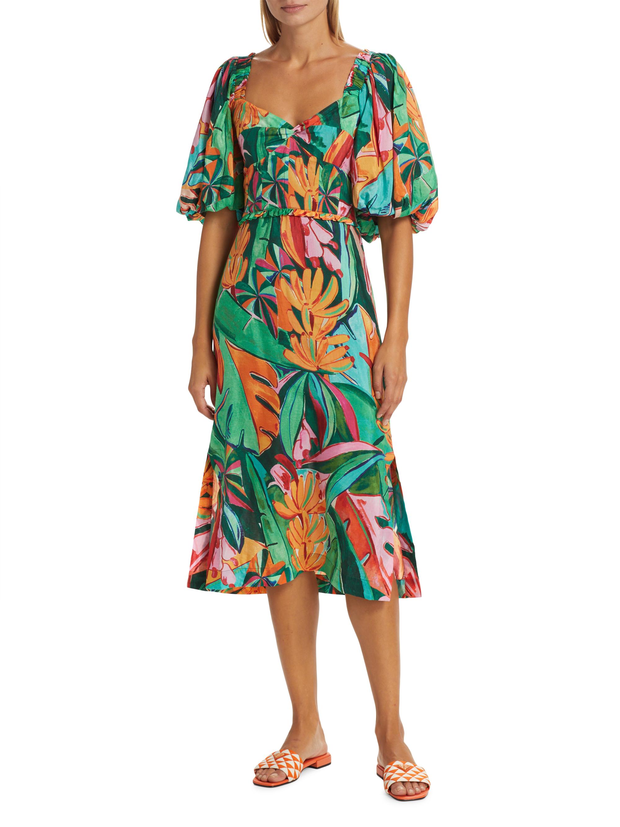 Farm Rio - Multicolor Banana Foliage Puff Sleeve Midi Dress - Size XS