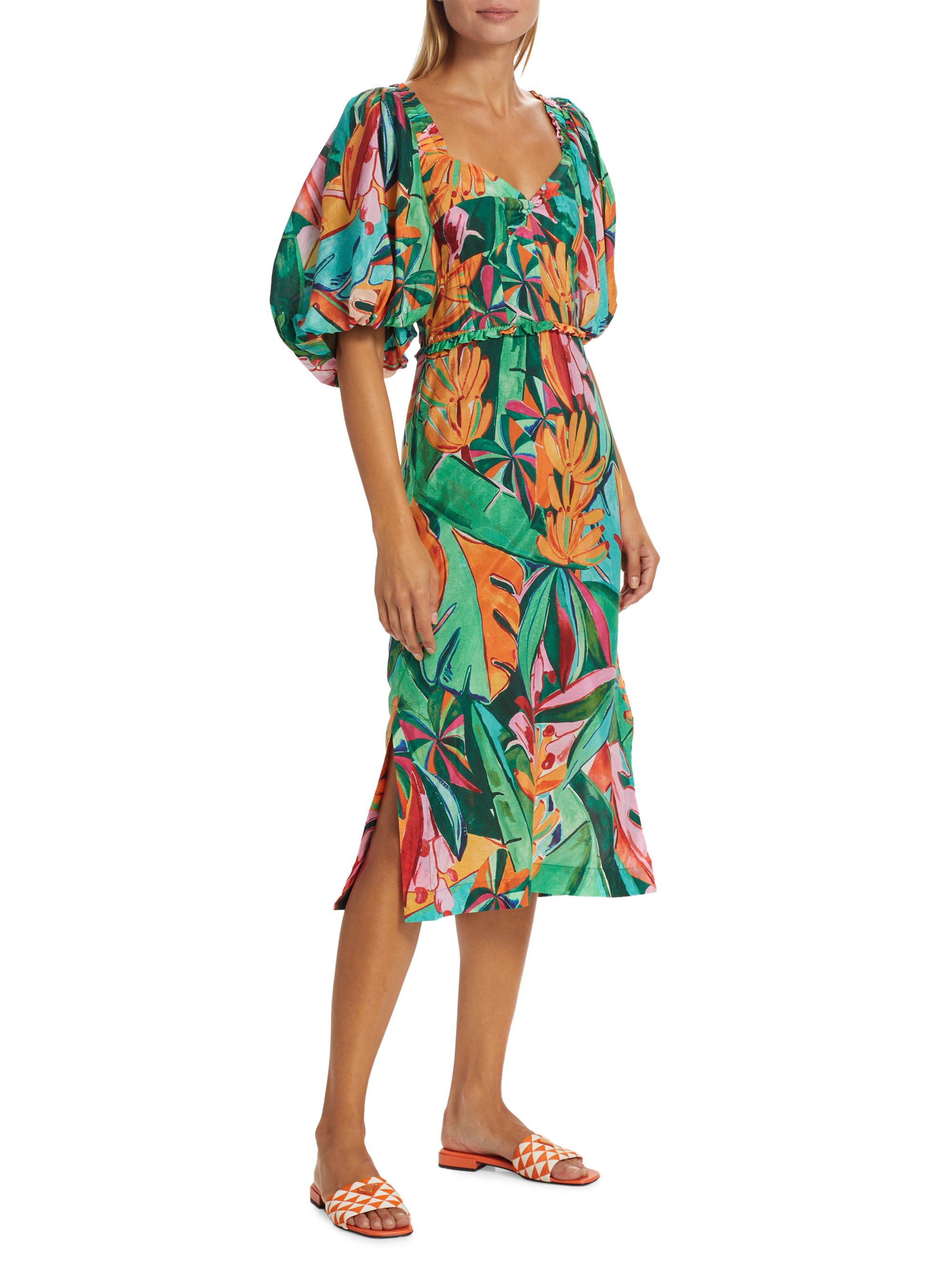 Farm Rio - Multicolor Banana Foliage Puff Sleeve Midi Dress - Size XS
