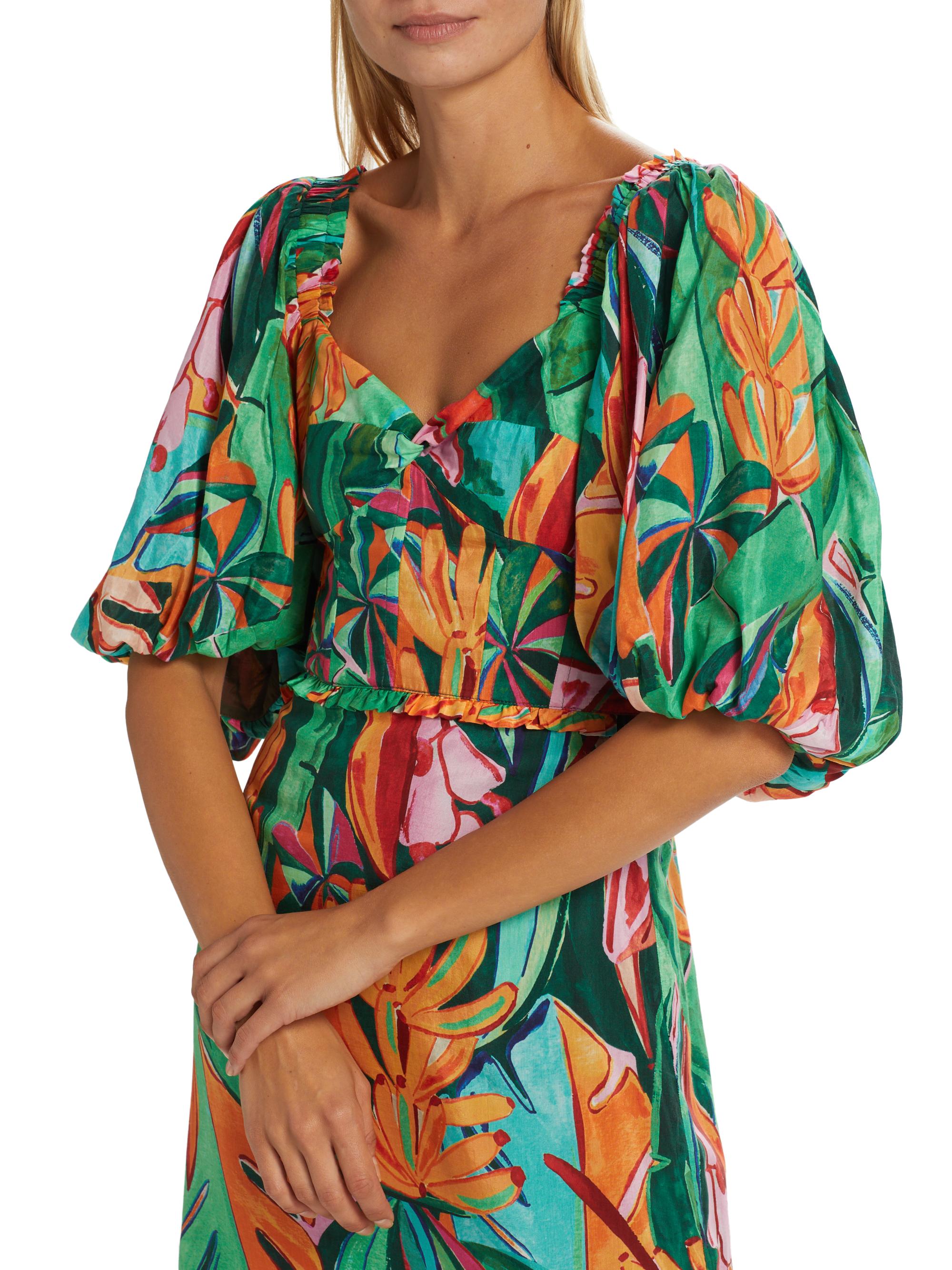 green banana aquarela midi dress Multicolor Banana Foliage Puff Sleeve Midi Dress