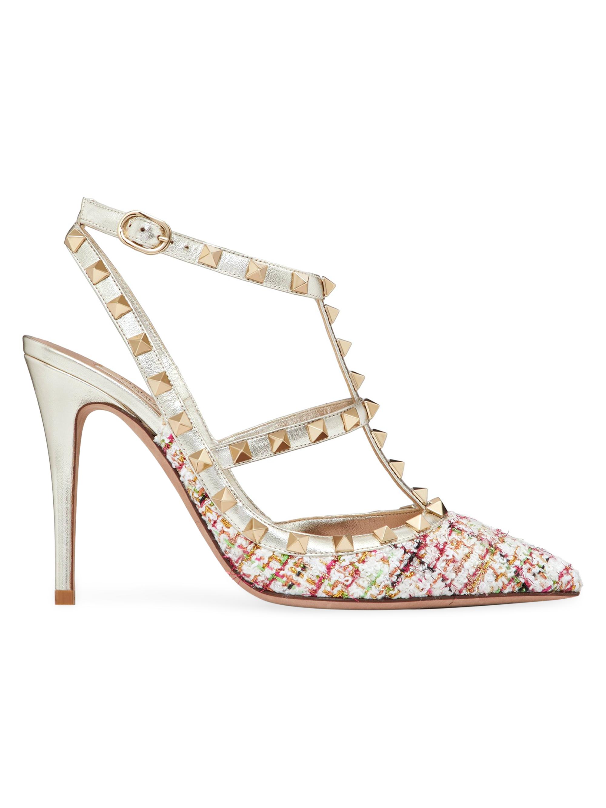 Valentino Garavani Women's Rockstud Tweed Pumps With Straps 100MM