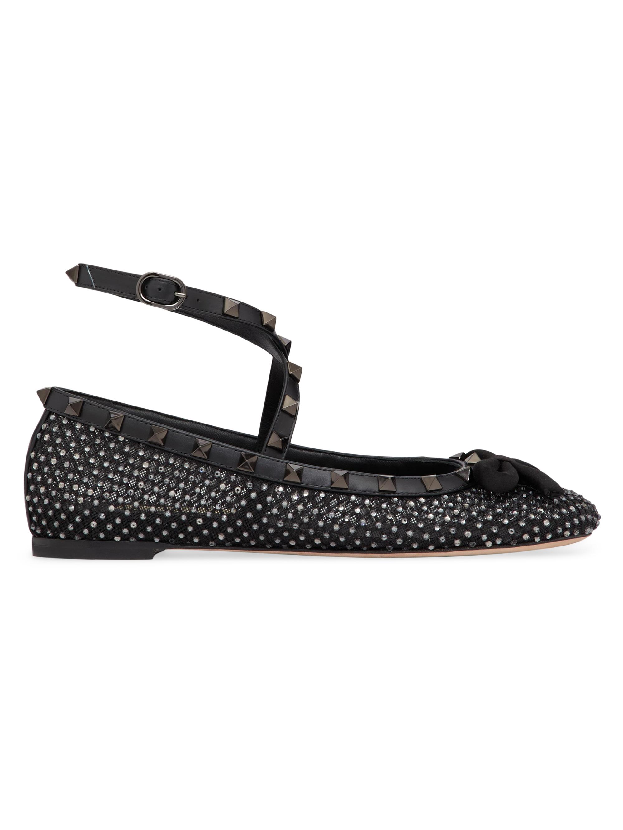 Valentino Garavani Women's Rockstud Mesh Ballerina Flats With Crystals And Matching Studs - Black