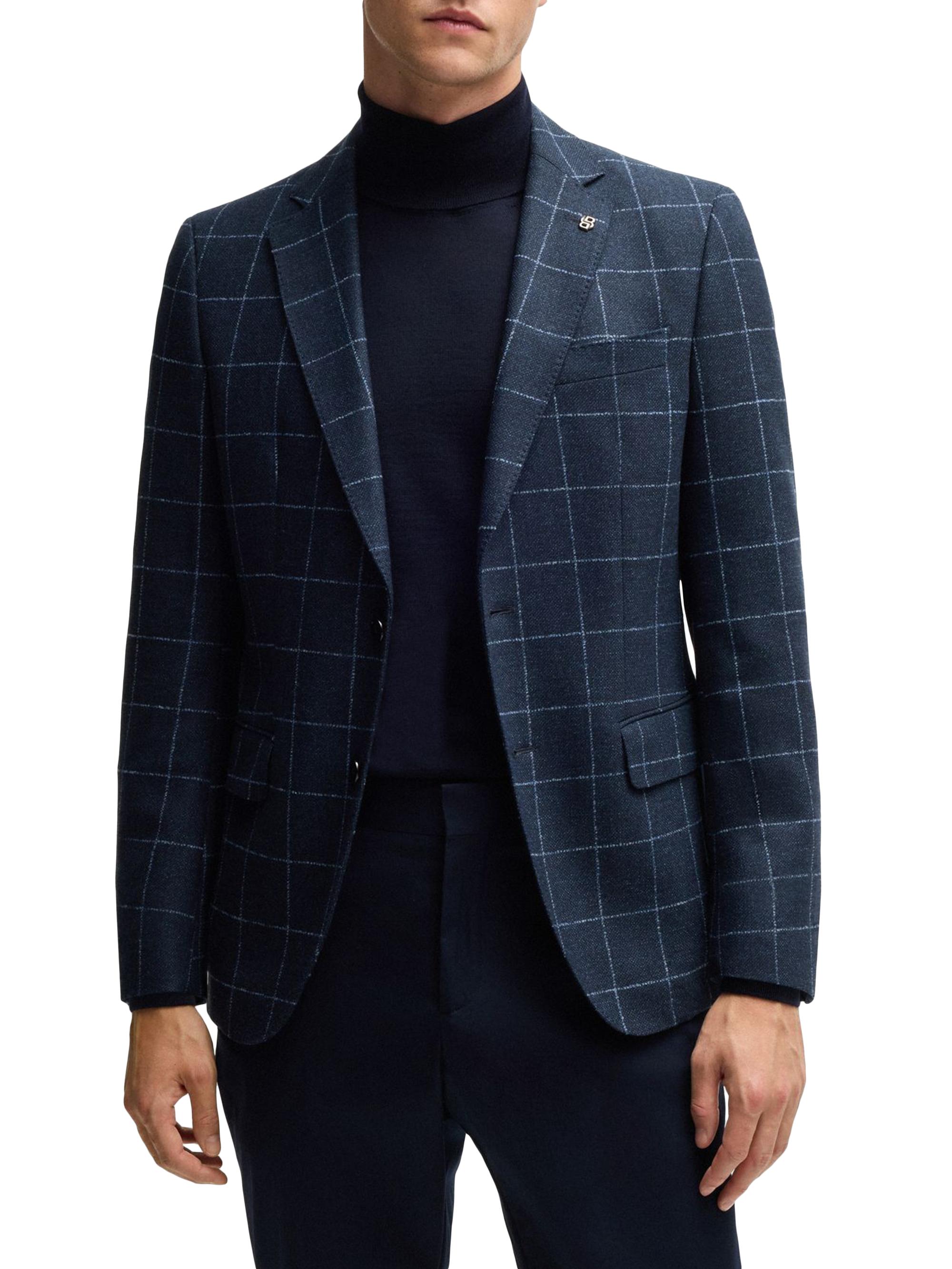 BOSS Men's Slim-Fit Jacket in Checked Wool - Dark Blue