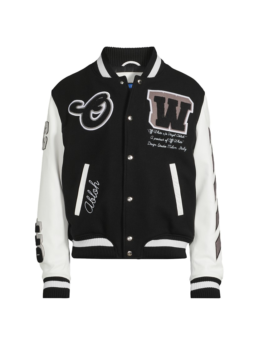Shop Off-White Wool & Leather Patchwork Varsity Jacket Shop Off-White Wool & Leather Patchwork Varsity Jacket