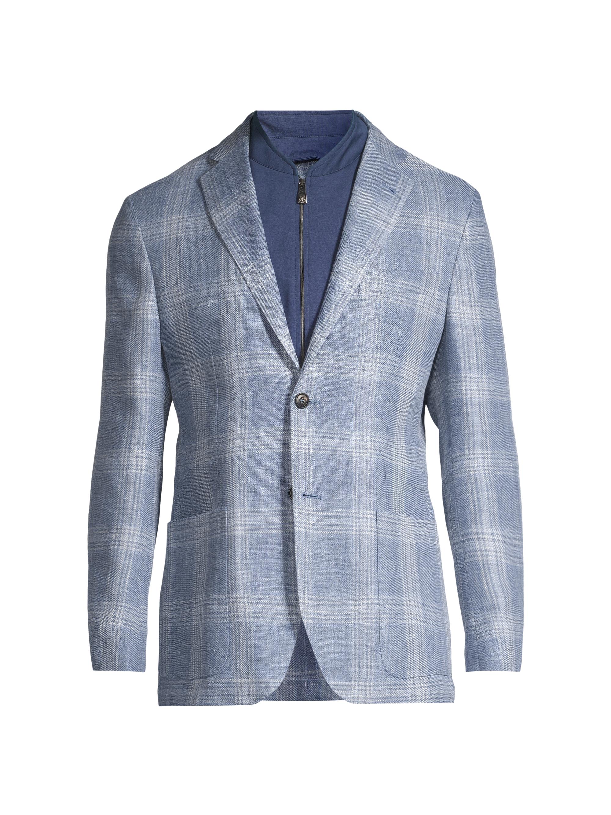 Corneliani Men's ID Plaid Linen & Wool-Blend Two-Button Suit Jacket - Light Blue Grey