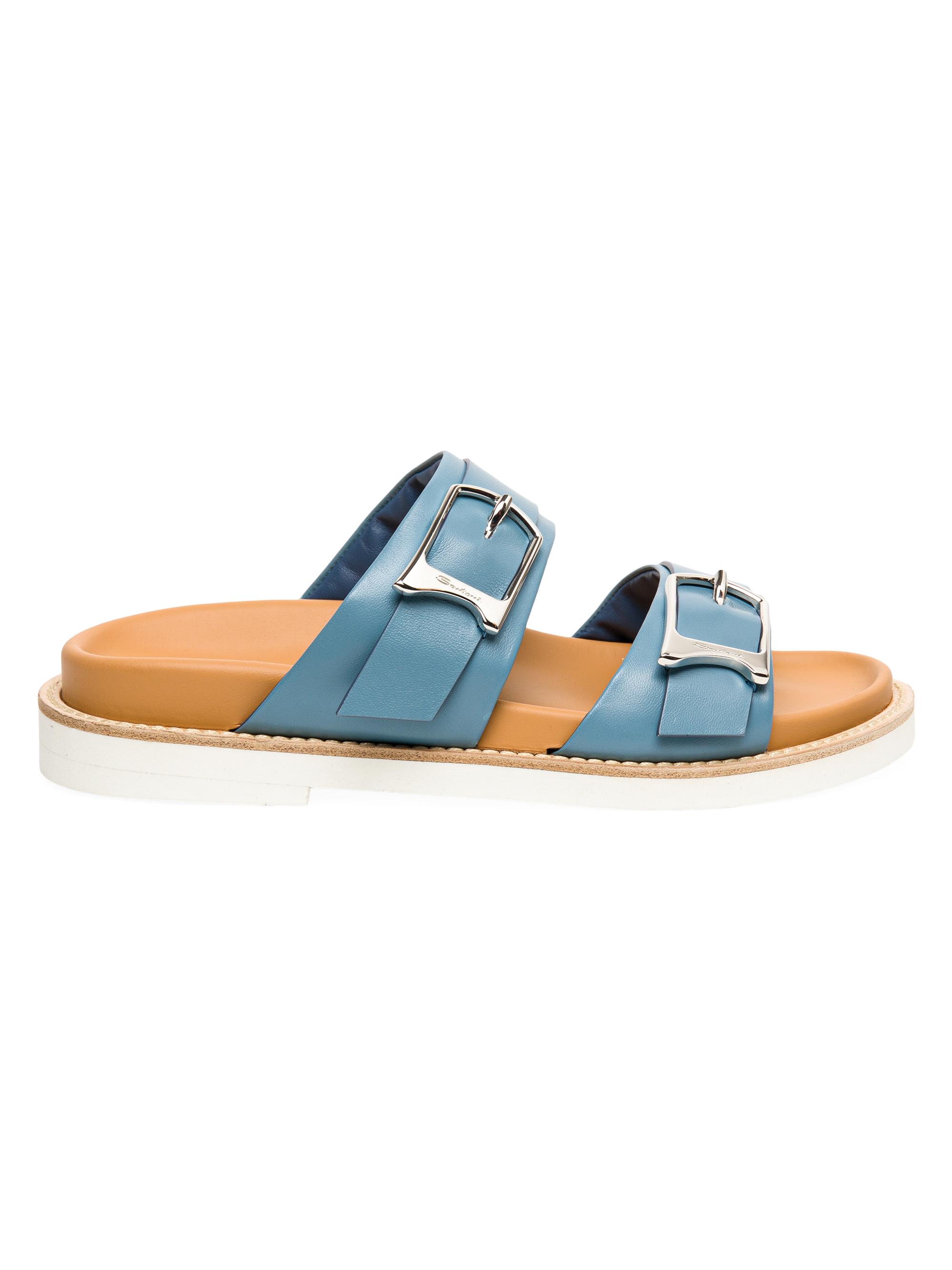 Santoni Women's Double-Buckle Leather Sandals - Light Blue