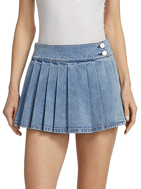 Shop Alice + Olivia Noah Denim Pleated Miniskirt | Saks Shop Alice + Olivia Noah Denim Pleated Miniskirt | Saks