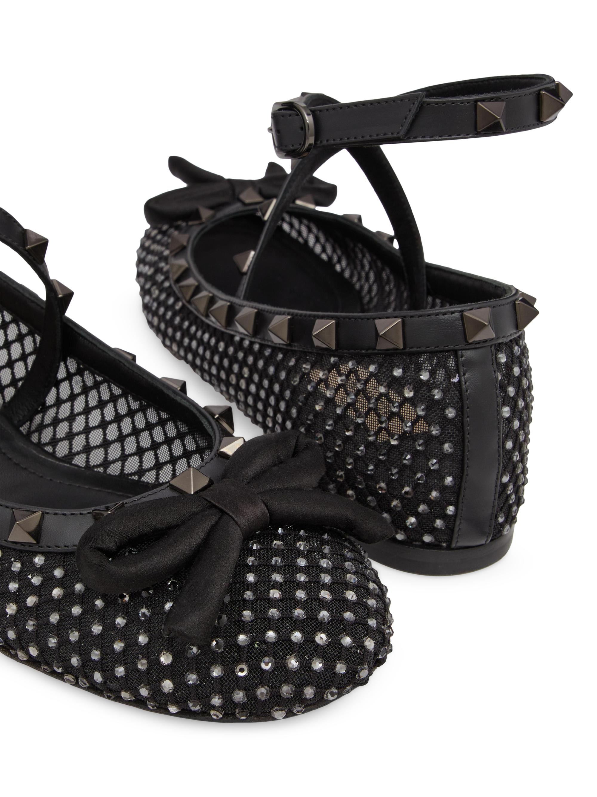 Valentino Garavani Rockstud Mesh Ballerina Flats With Crystals