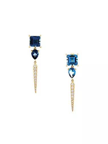 14K Yellow Gold, 0.28 TCW Diamond & Blue Topaz Drop Earrings