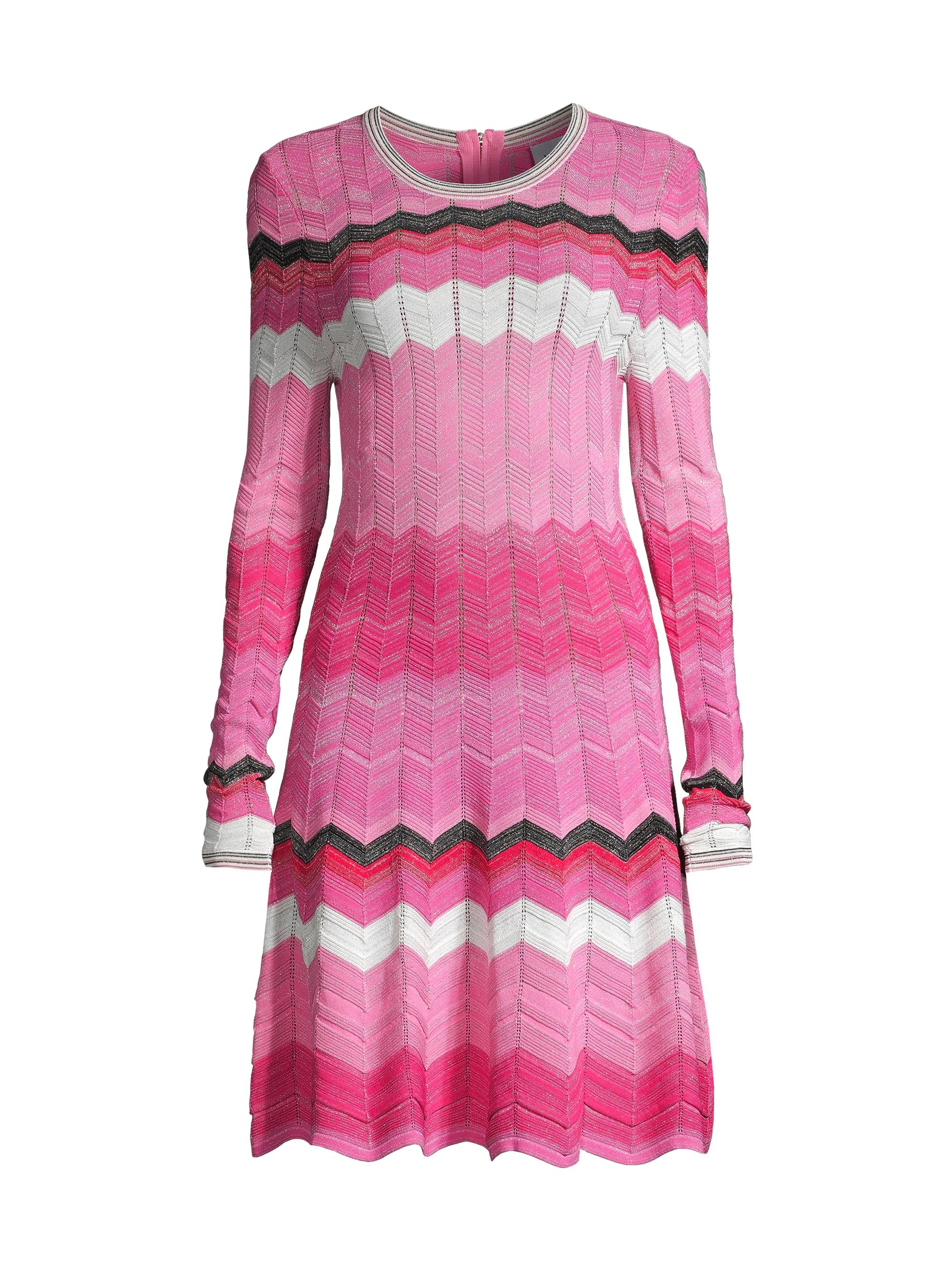 Milly Women's Knit Long-Sleeve Zigzag Dress - Pink Multi
