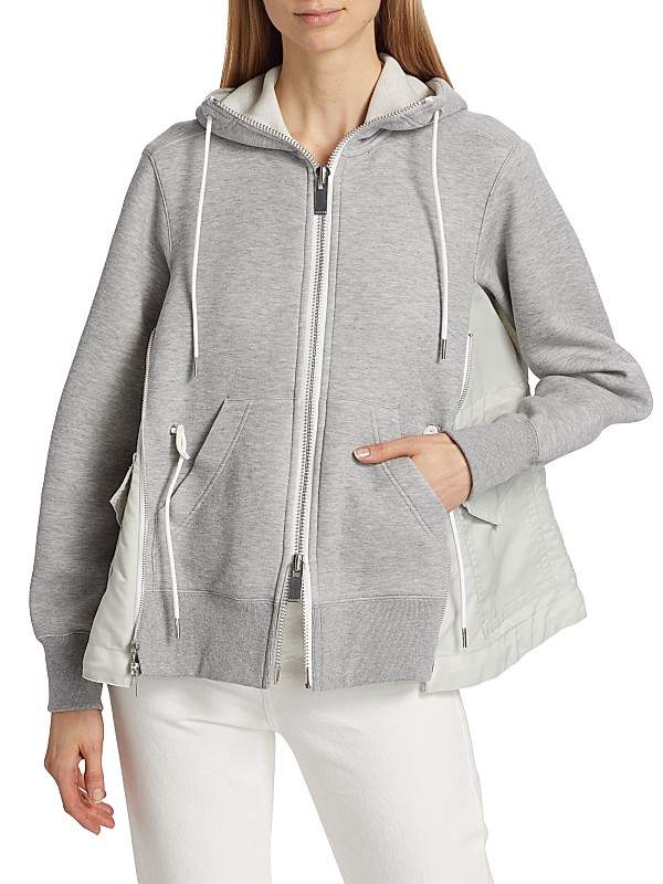 Shop Sacai Sponge Sweat X Nylon Twill Zip-Front Hoodie Shop Sacai Sponge Sweat X Nylon Twill Zip-Front Hoodie