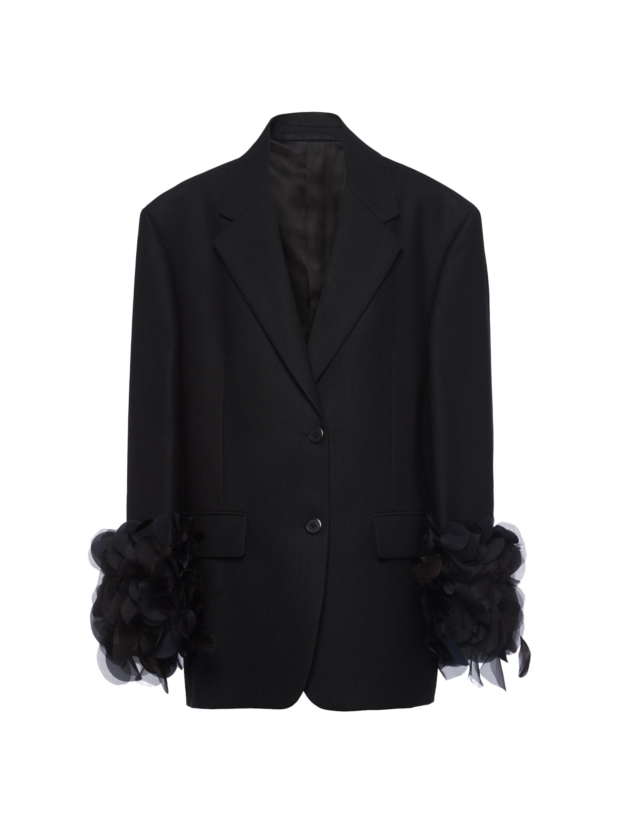Prada Women's Single-Breasted Wool Jacket with Feather Trim - Black