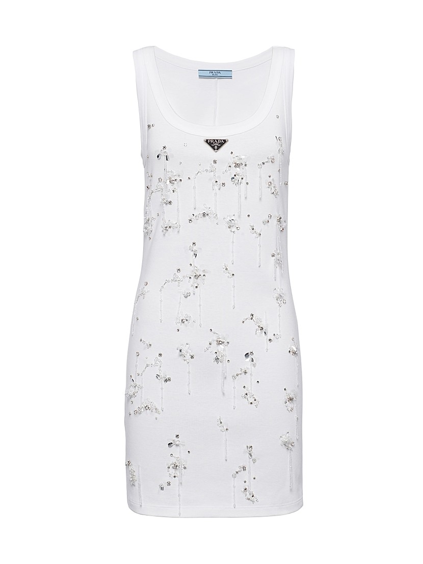 Shop Prada Embroidered Ribbed Jersey Dress | Saks Fifth Avenue Shop Prada Embroidered Ribbed Jersey Dress | Saks Fifth Avenue
