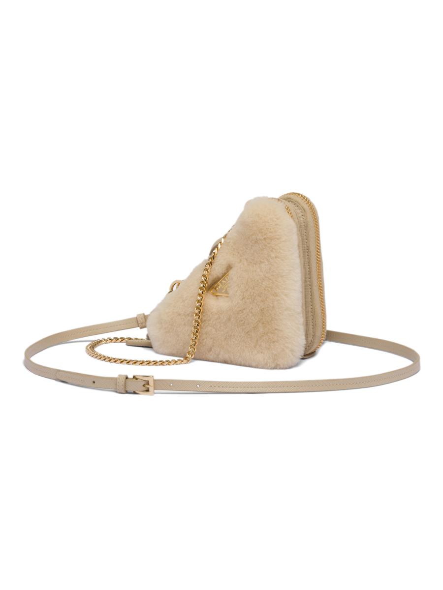 PRADA＊Triangular shearling and Saffiano leatherポーチ＊送込 Prada Triangular Shearling and Saffiano Leather Mini-Pouch