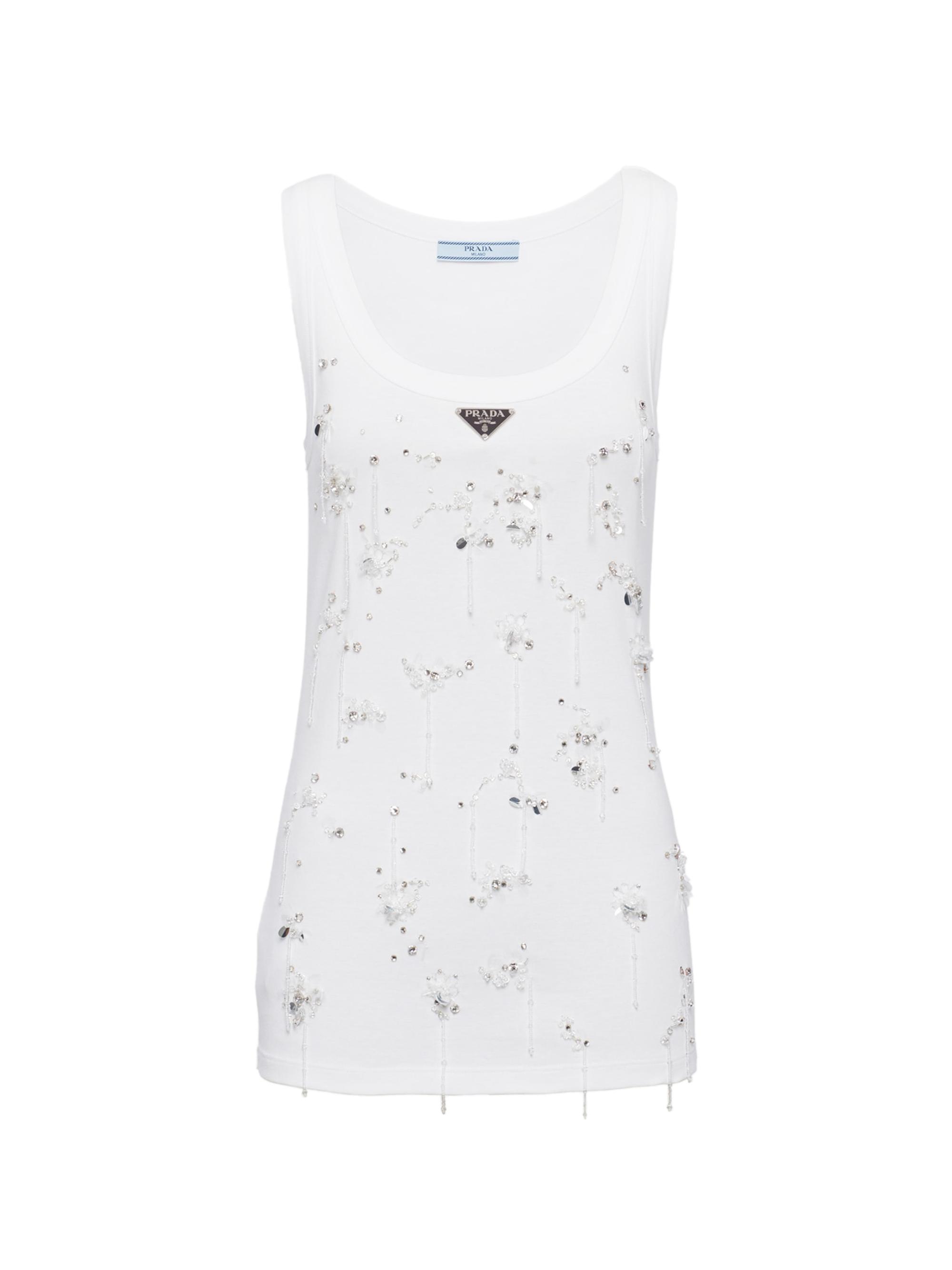 Prada Women's Ribbed Knit Jersey Top with Embroidery - White