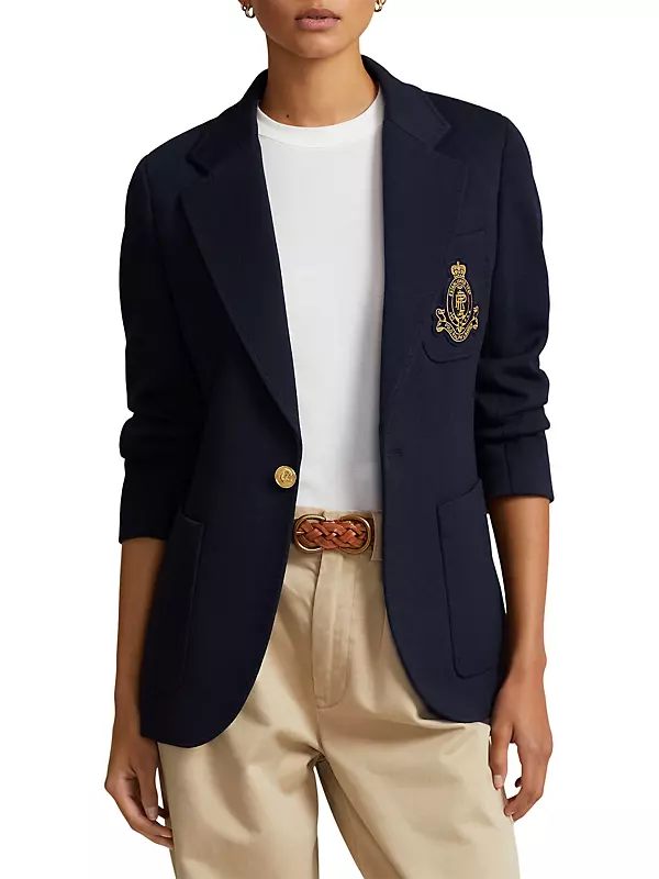 Ralph Lauren Women's logo-crest Knit Blazer - Size 2 in Park Avenue Navy