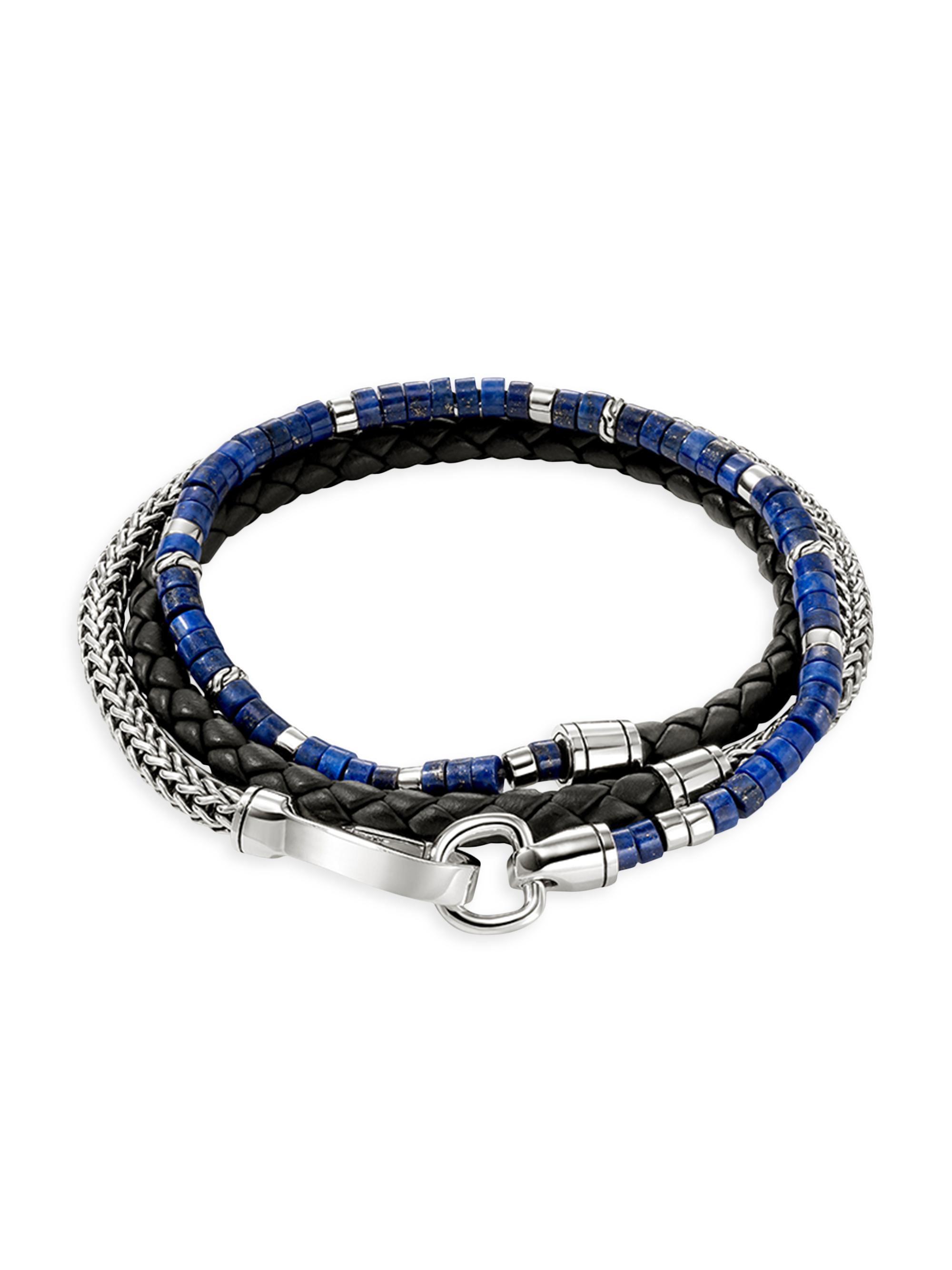 John Hardy Men's Heishi Sterling Silver, Lapis Lazuli, & Braided Leather Wrap Bracelet - Silver Lapis