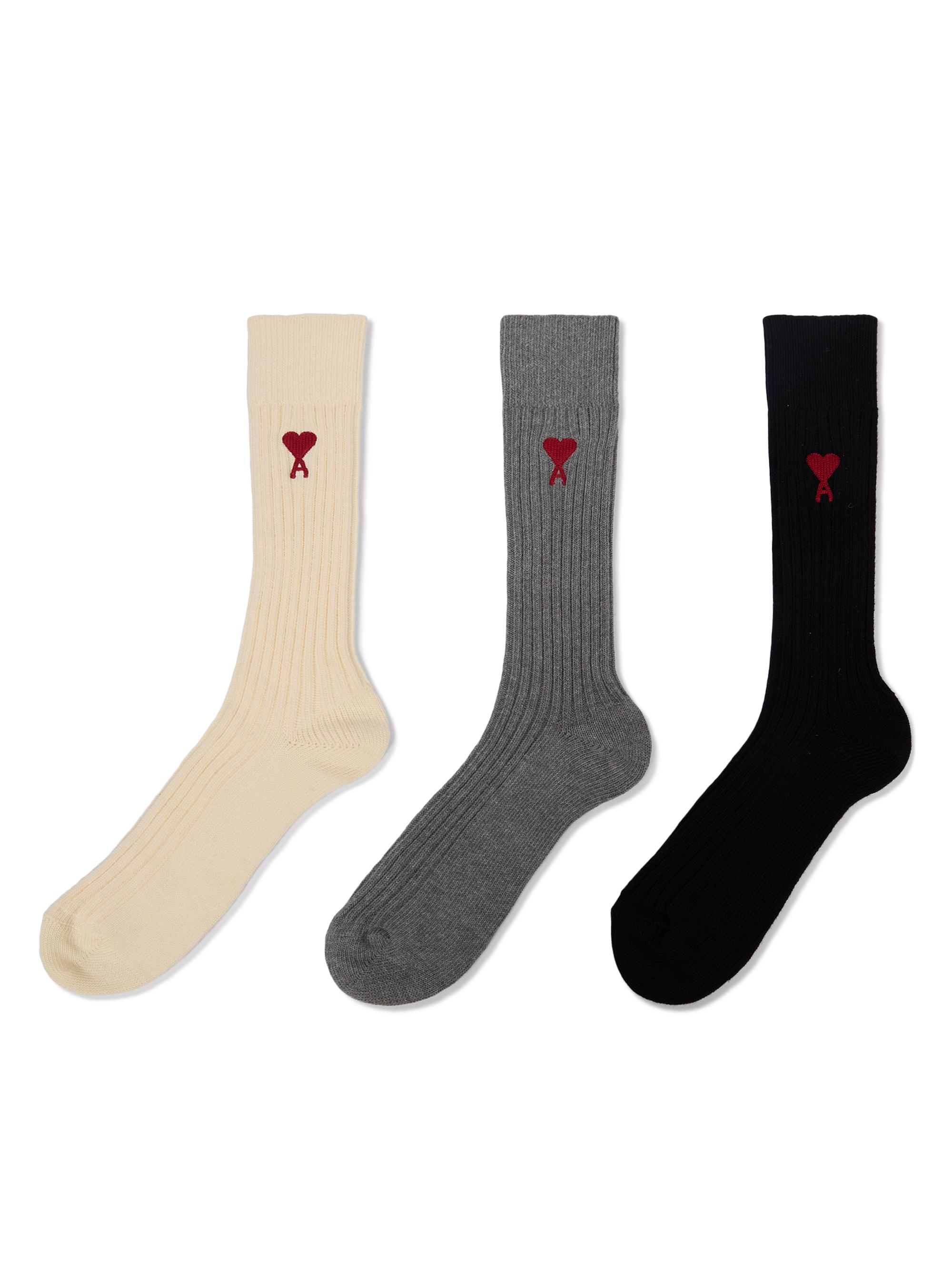 AMI Paris Men's ADC Logo Socks 3-Pack - Black Cream Grey