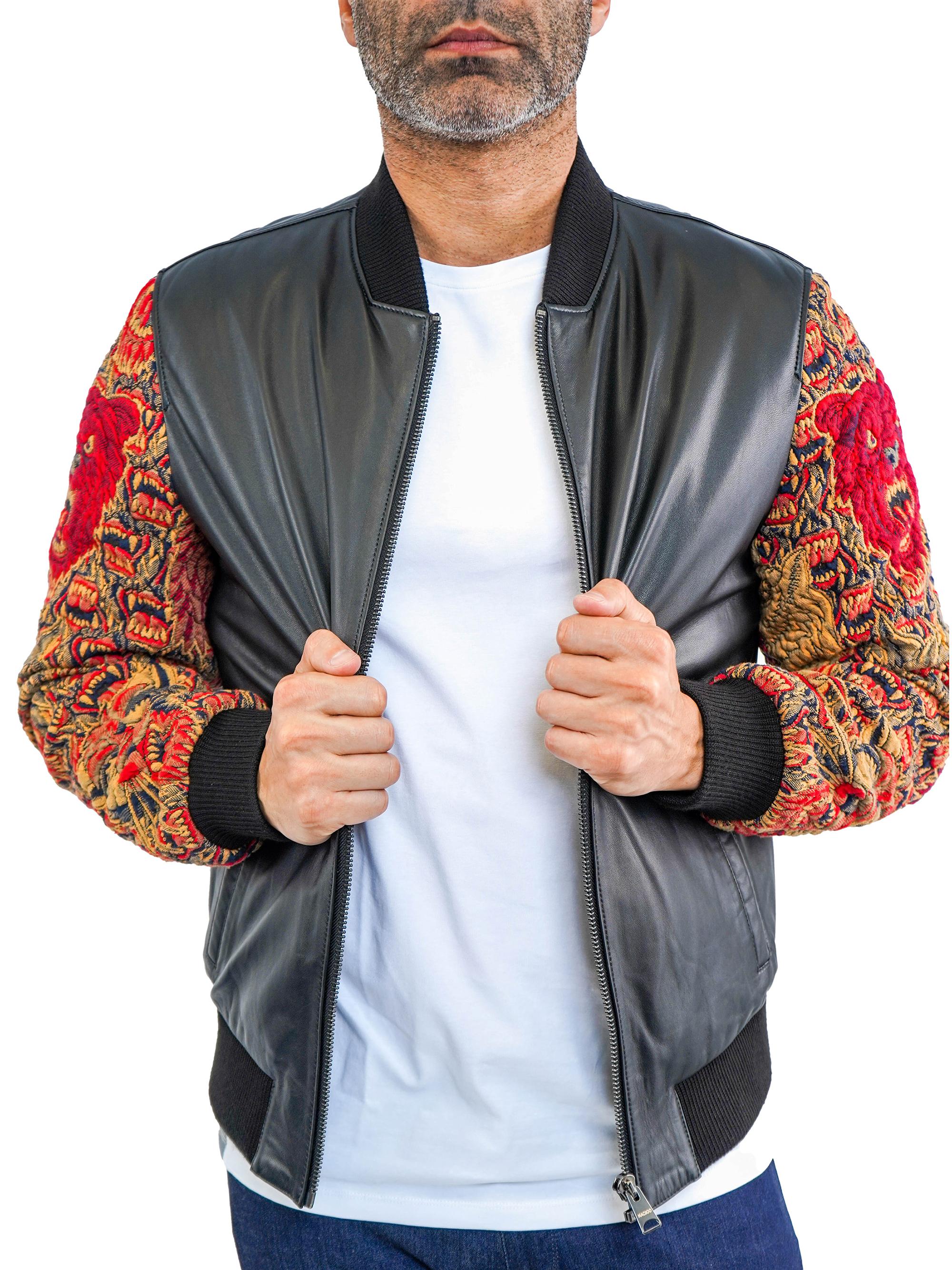 Maceoo Men's Leather G Dragon Sleeve Jacket - Black