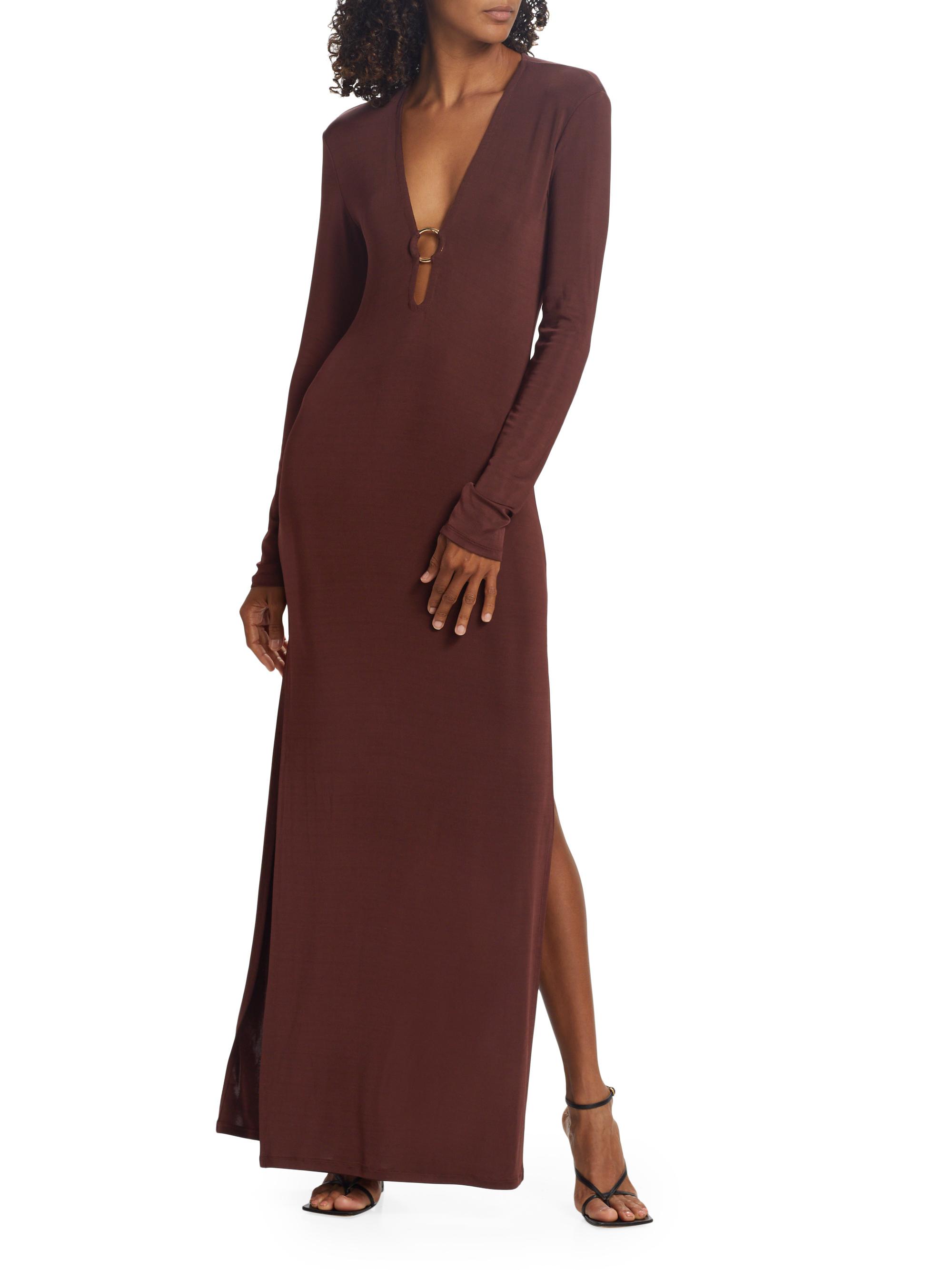 chinese dress ladies Mist | Brown Plunge-Neck Maxi Dress with Knot-Detail and Open-Back main image 1