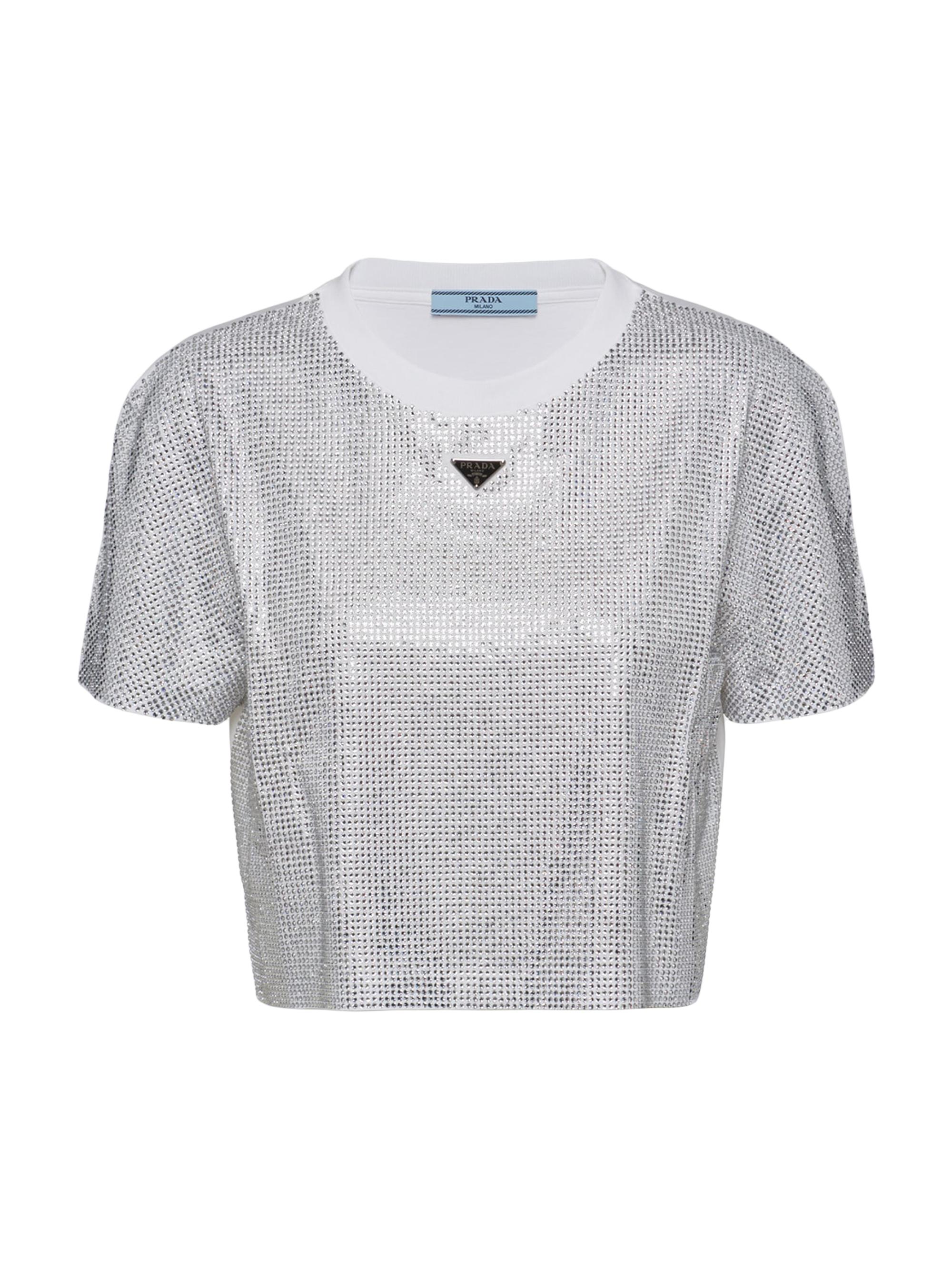 Prada Women's Embroidered Jersey T-Shirt - Silver
