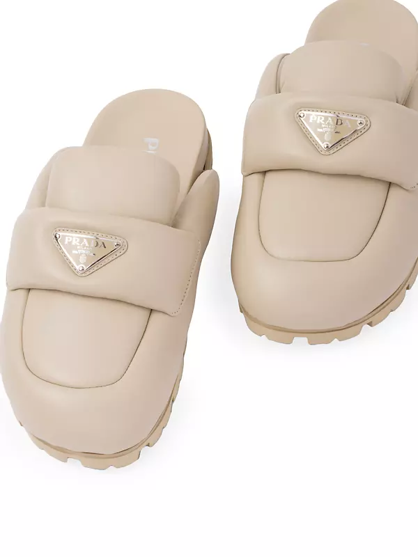 Designer Soft Padded Nappa Mulers Half Slippers Slides Leather Sabots  Breakf Pump Loafers Enameled Metal Triangle Rubber sole Fashion