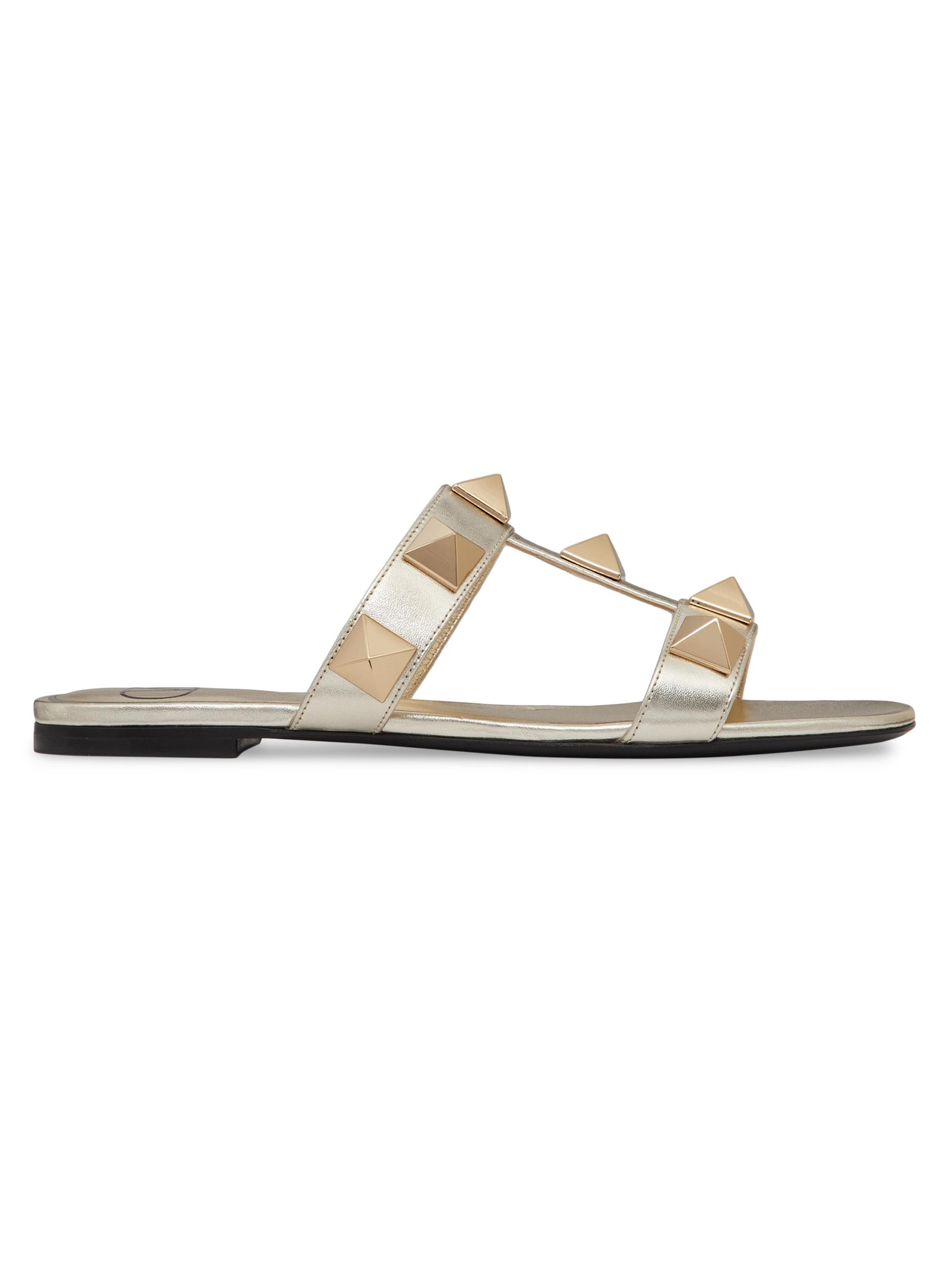 Valentino Garavani Women's Roman Stud Metallic Nappa Slide Sandals With Matching Studs - Platinum