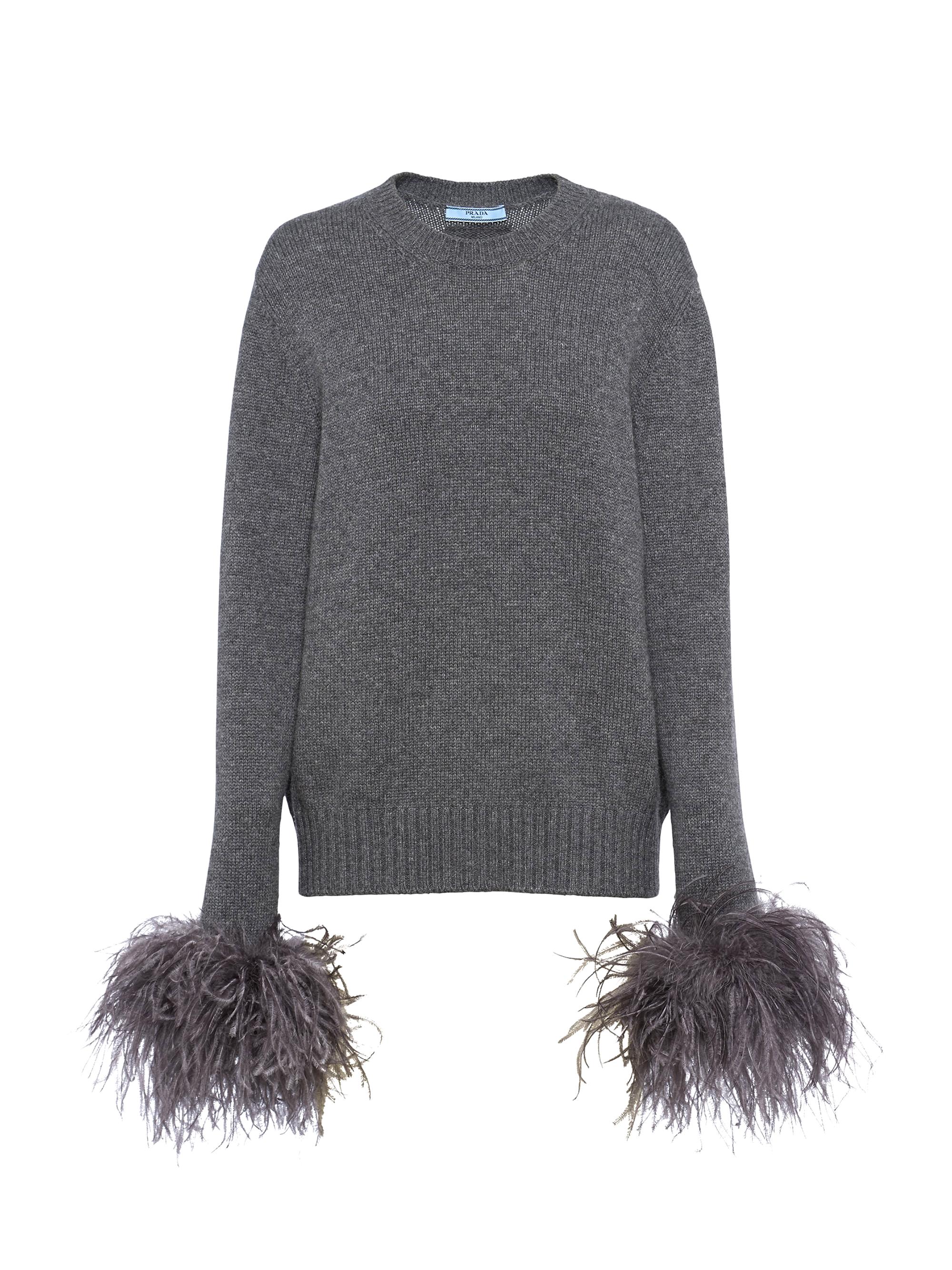Prada Women's Feather-Trimmed Cashmere Crew-Neck Sweater - Grey