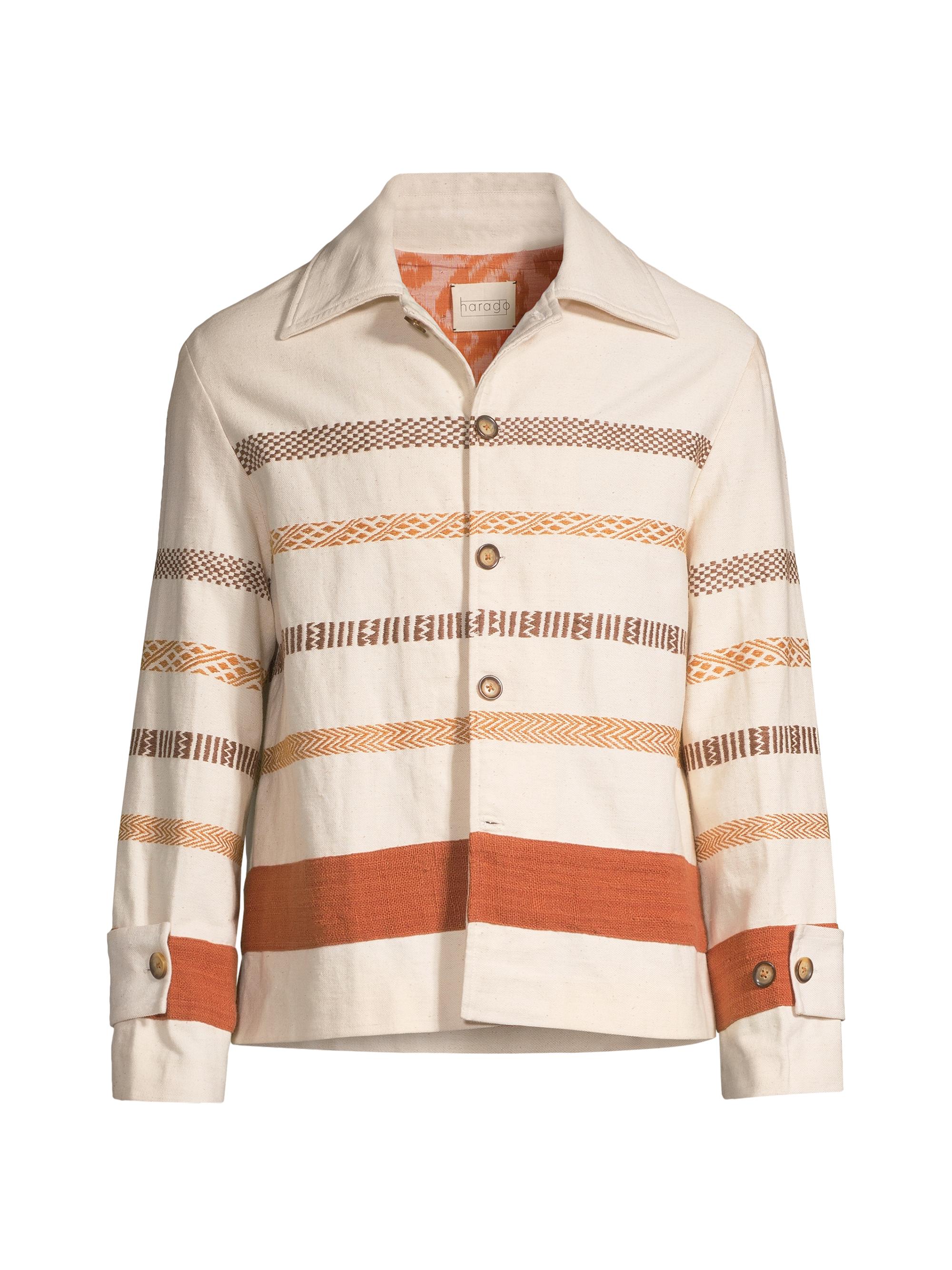 Harago Men's Craft Heritage Kantha Border Striped Cotton Jacket - Off White