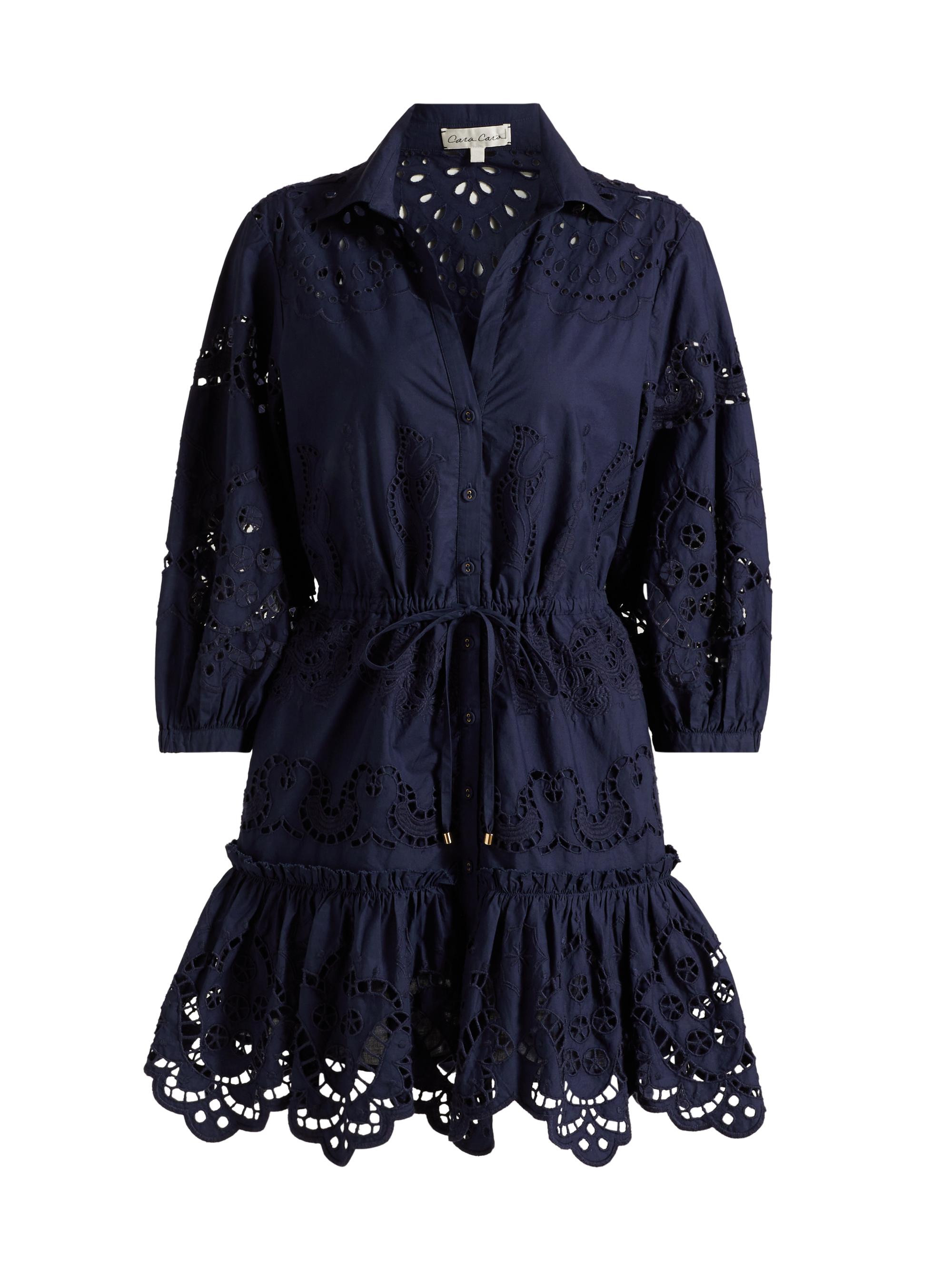 Cara Cara Women's Robin Lace Puff-Sleeve Shirtdress - Navy Embroidered Eyelet