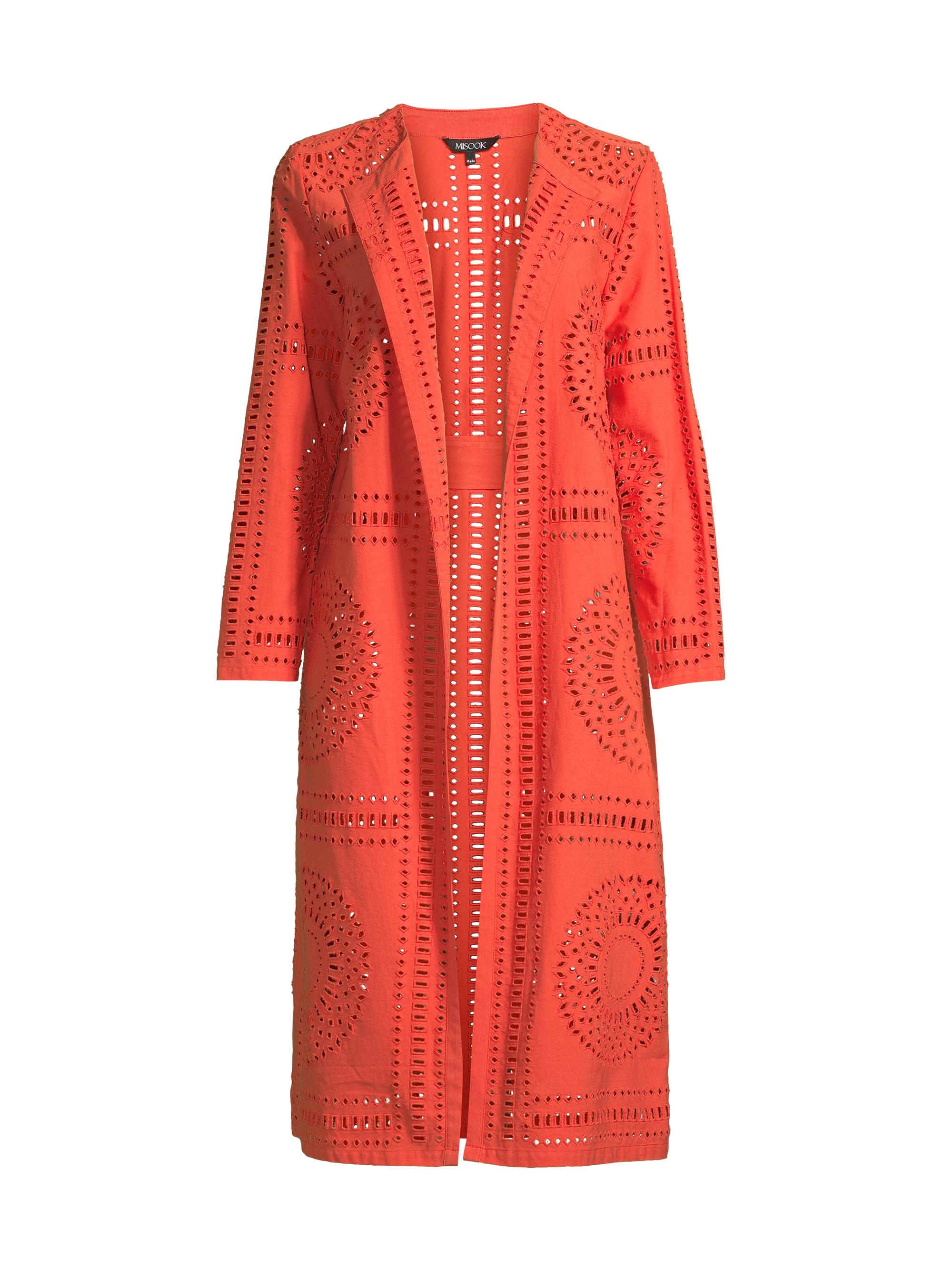 Misook Women's Eyelet Belted Long Topper Jacket - Spice