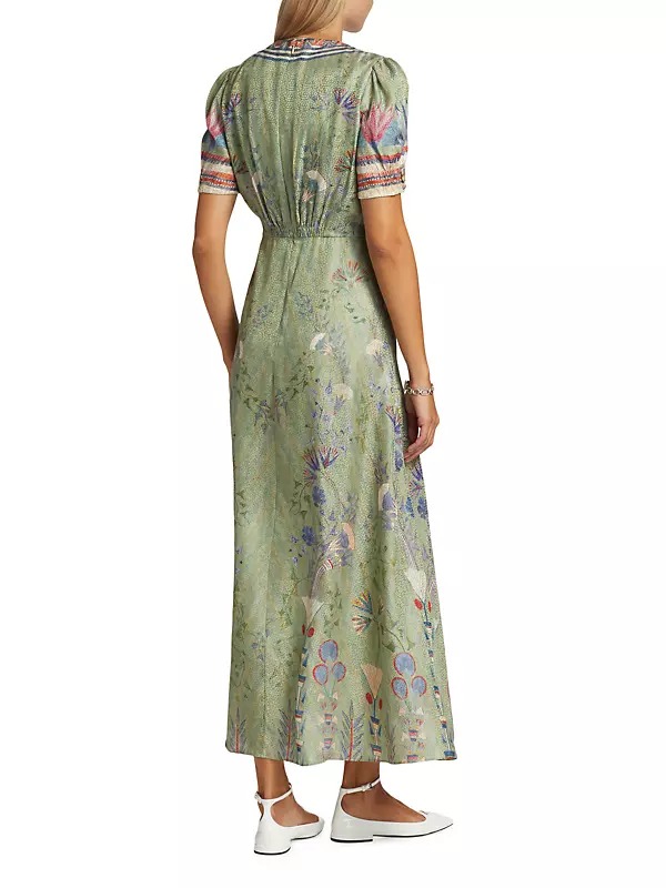 Saloni Women's Lea Silk Puff-Sleeve Midi-Dress - Papyrus Border - Size 10