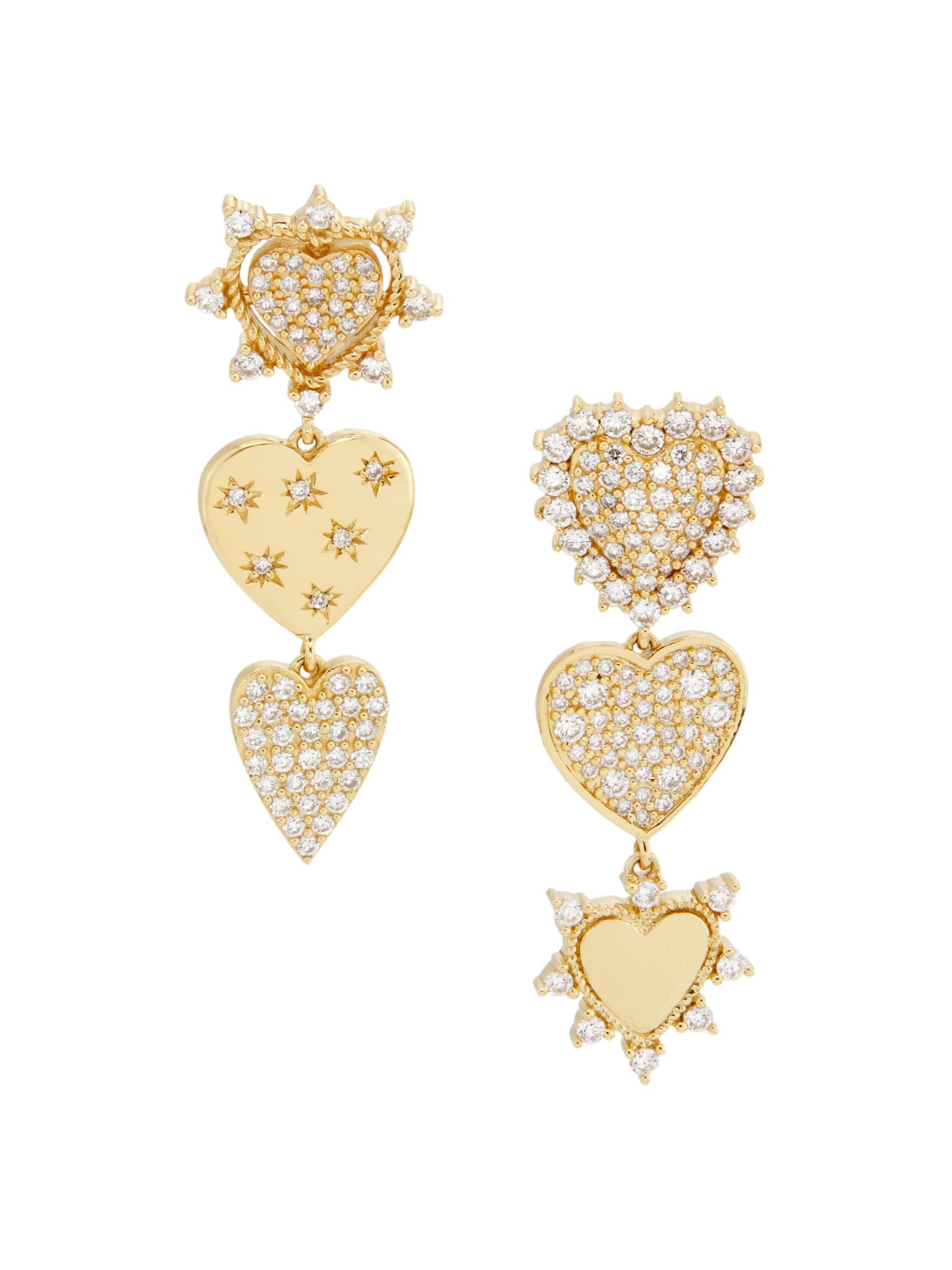 Saks Fifth Avenue Collection Women's 14K Yellow Gold & 1.01 TCW Diamond Mismatched Triple Heart Drop Earrings - Yellow Gold