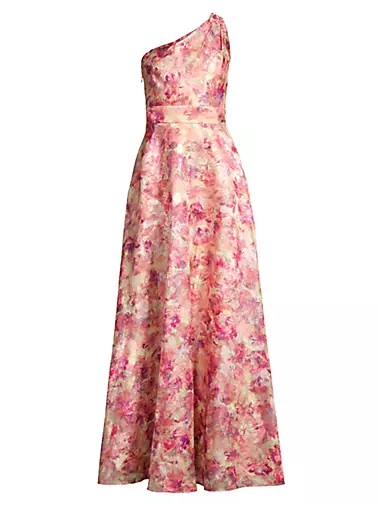 Floral Jacquard One-Shoulder Ballgown