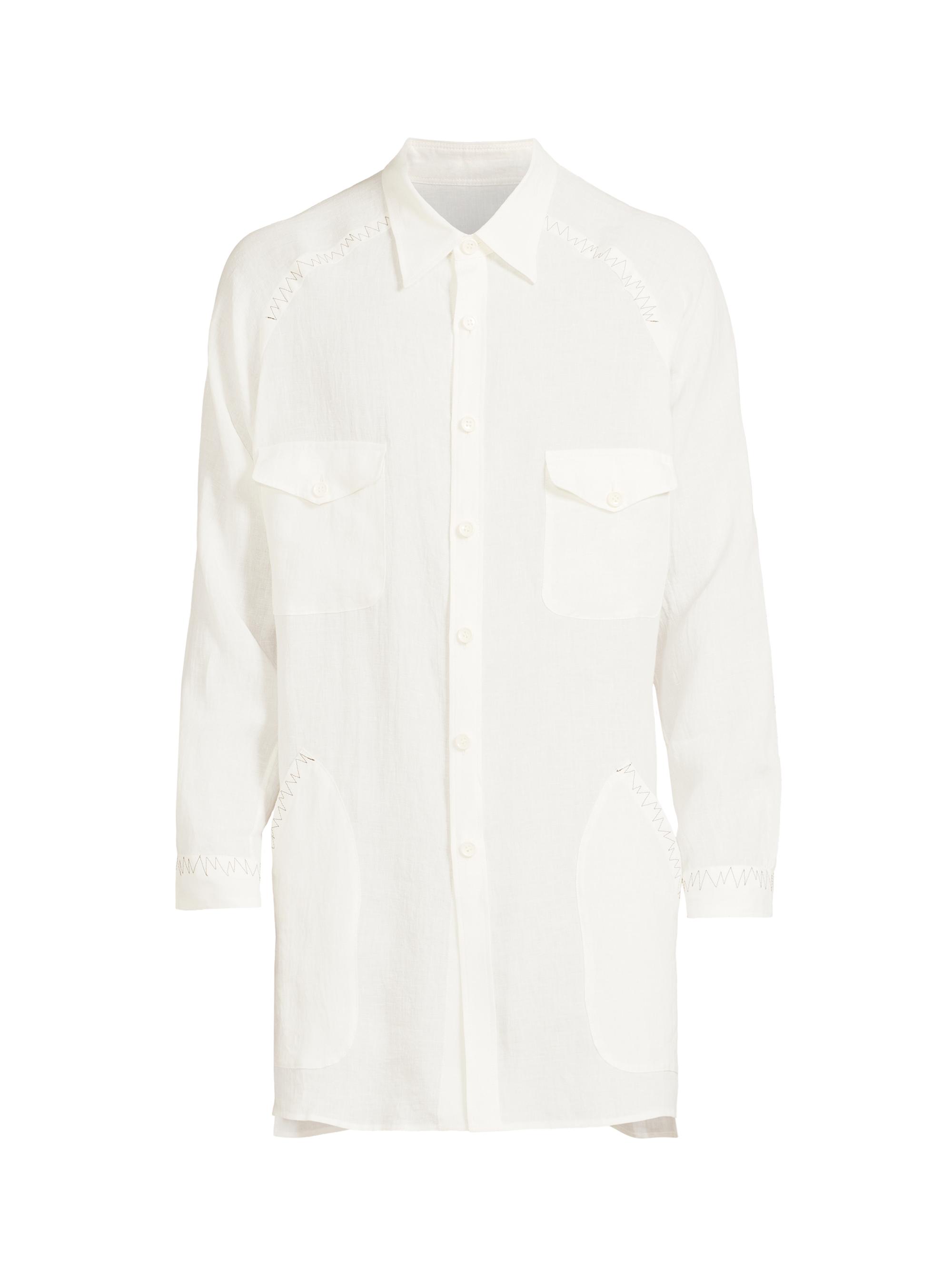 Yohji Yamamoto Men's Zigzag Embroidered Linen Shirt - White