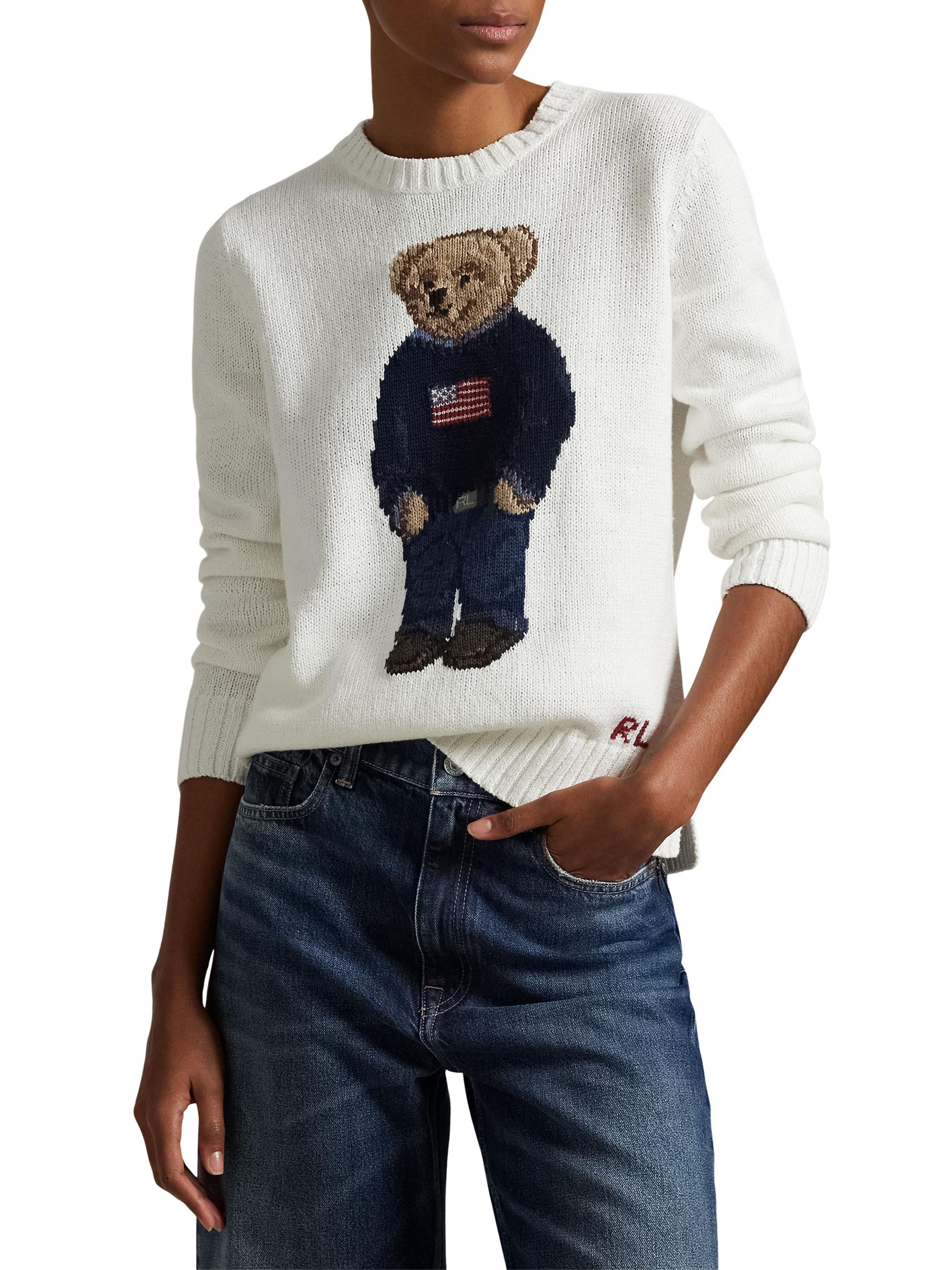 Cotton-Linen Crewneck Bear Sweater