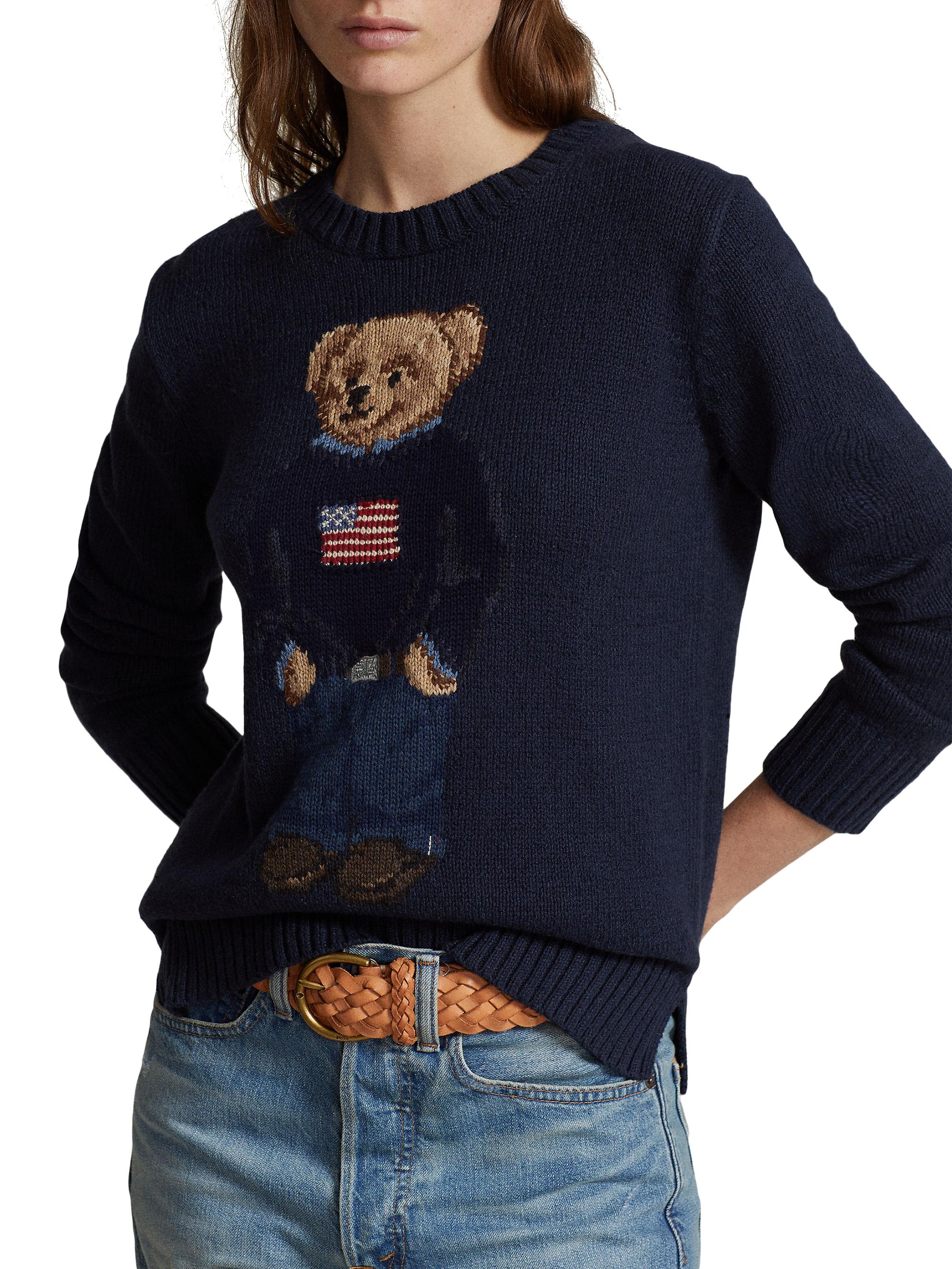 Cotton-Linen Crewneck Bear Sweater